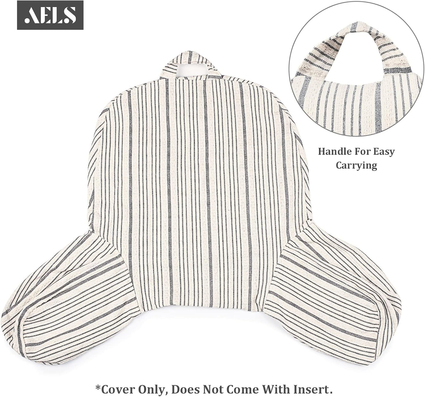 Reading Pillow Replacement Cover (No Insert) with Arms and Pockets, 18" Beige with Gray Stripes Textured Backrest Pillow Cover Fits Standard Size Pillows (Cover ONLY)