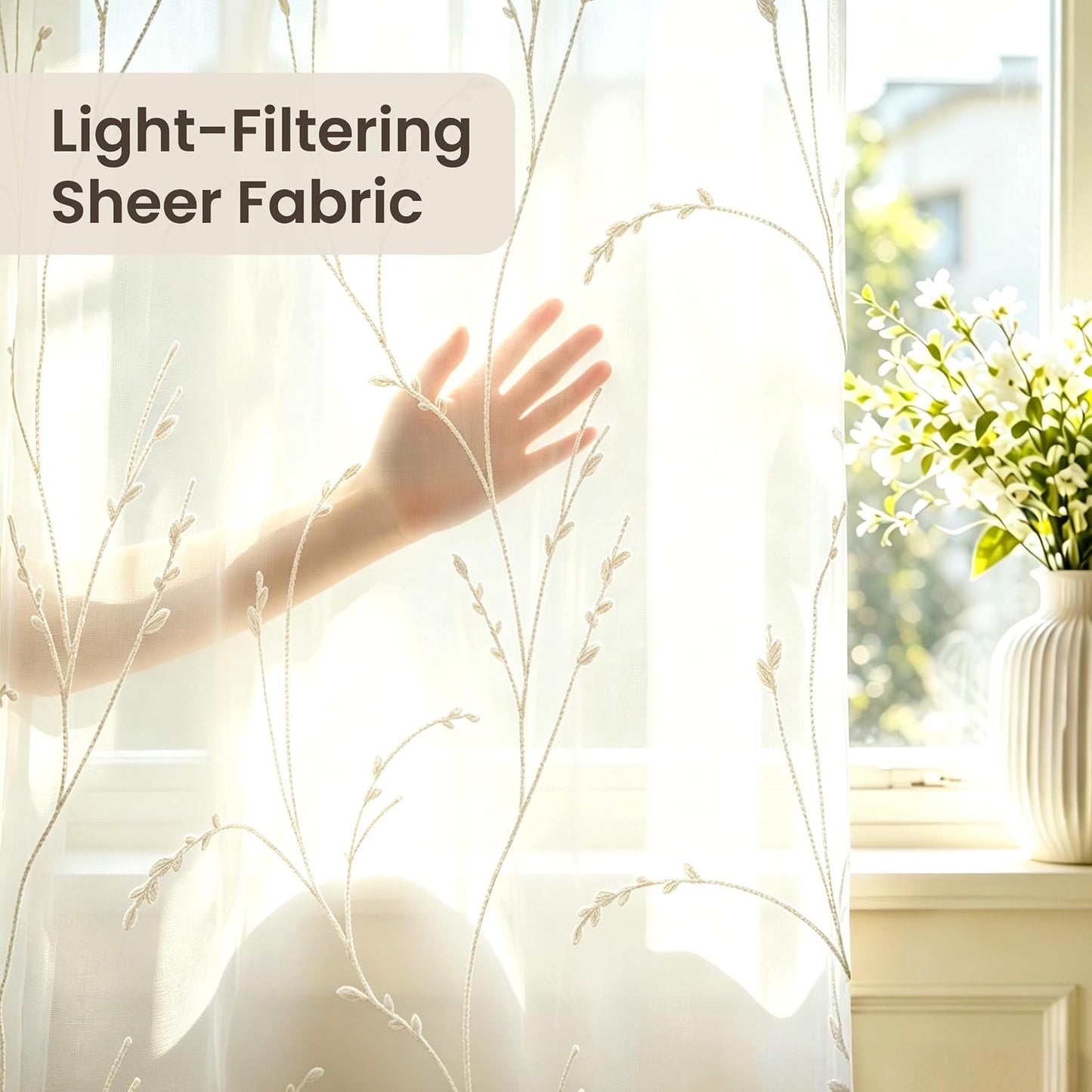 Semi White Sheer Curtains 84 Inches Long 2 Panels Set, White Stem | Embroidered Leaf Patterned Voile Window Treatments for Living Room Bedroom, Airy Light Filtering Grommet Curtains 52"W x 84"L