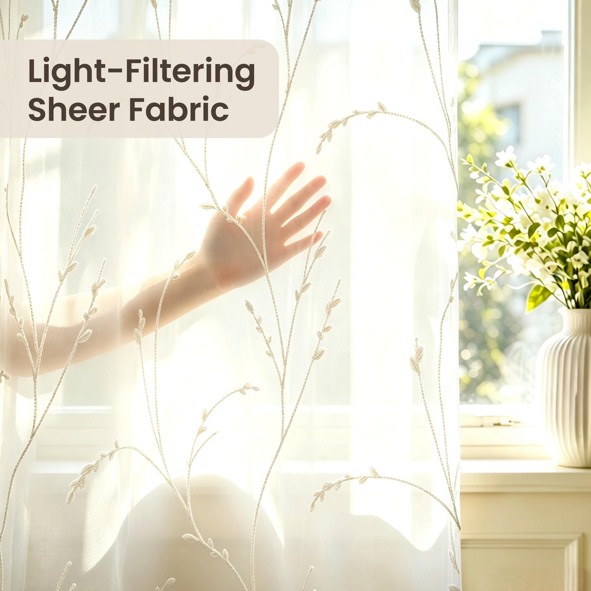 AELS Embroidered Sheer Curtains 84 Inches Long 2 Panels Set, Green Leaf