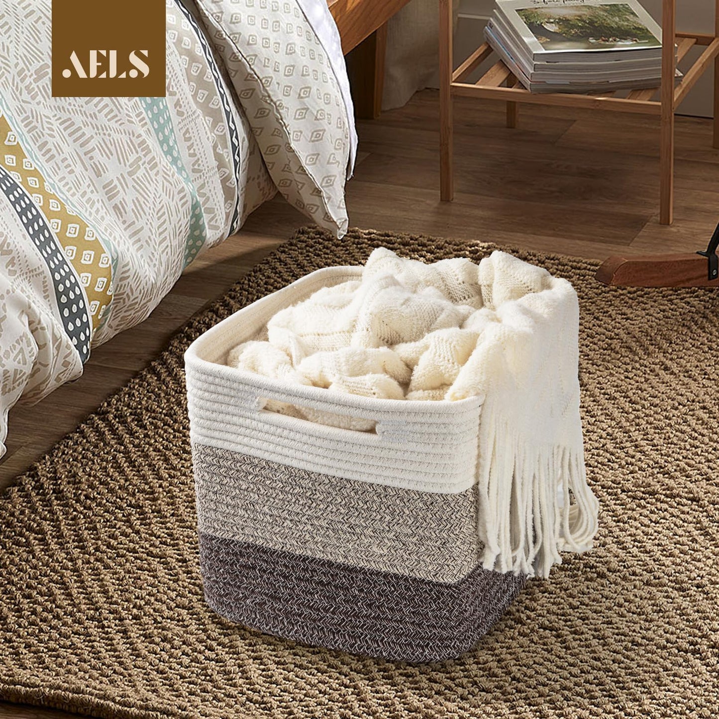 Hand Woven Cotton Basket for Storage, Cube Storage Bins with Handles, Foldable Collapsible Closet Organizers and Storage, Boho Farmhouse Storage Cubes for Shelves, Beige