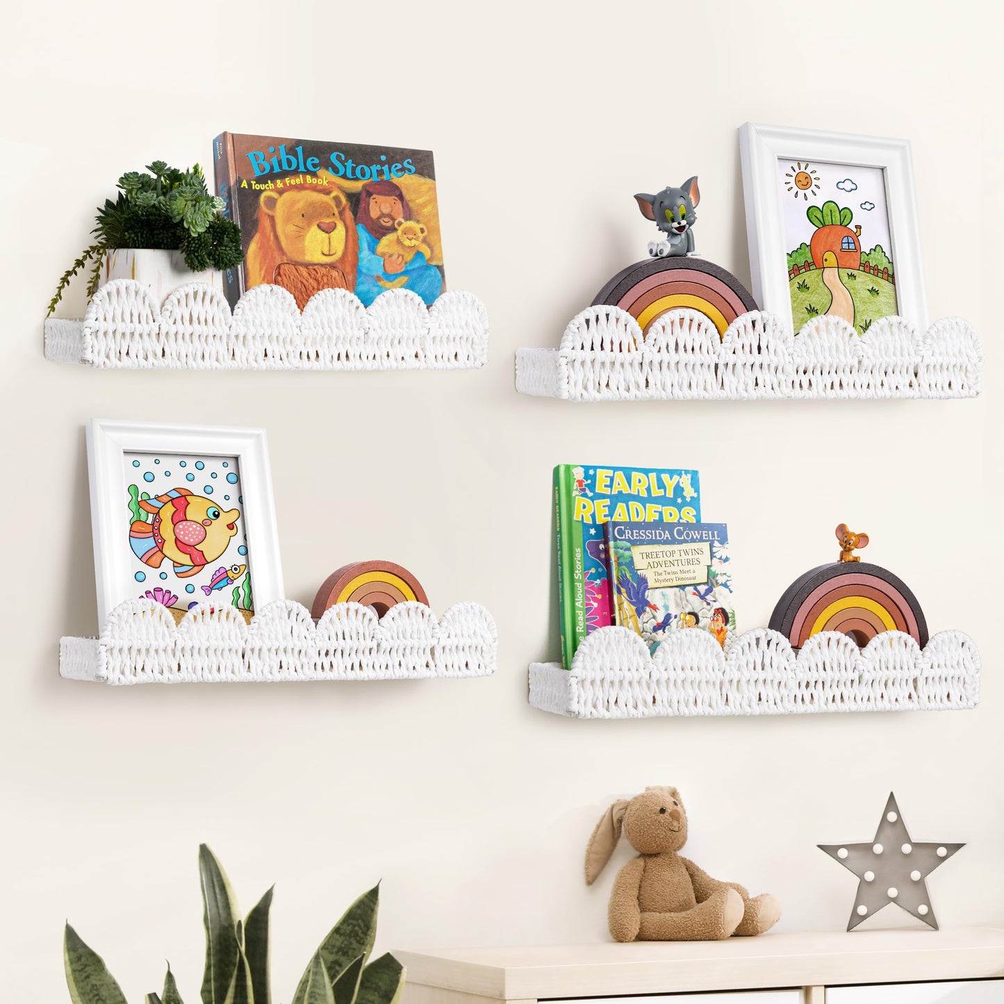 AELS Scalloped Nursery Bookshelf, Set of 2, Picture Ledge Shelf for Wall Decor, Woven Straw Paper Floating Shelves for Books, Toys, Photo Frames, Nursery, Boho Modern Farmhouse Book Shelf, Beige