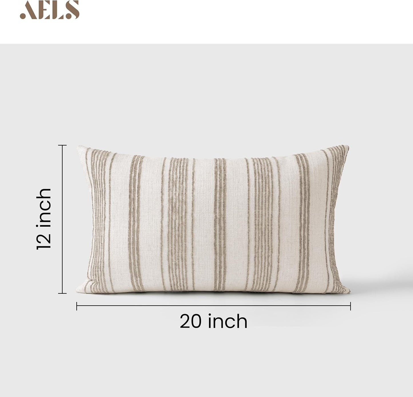 AELS 12x20 Decorative Farmhouse Linen Lumbar Pillow Covers, Beige with Olive Green Chenille Striped Pillow Case, Set of 2, Boho Textured Cushion Cover for Sofa Couch Living Room (Cover ONLY)