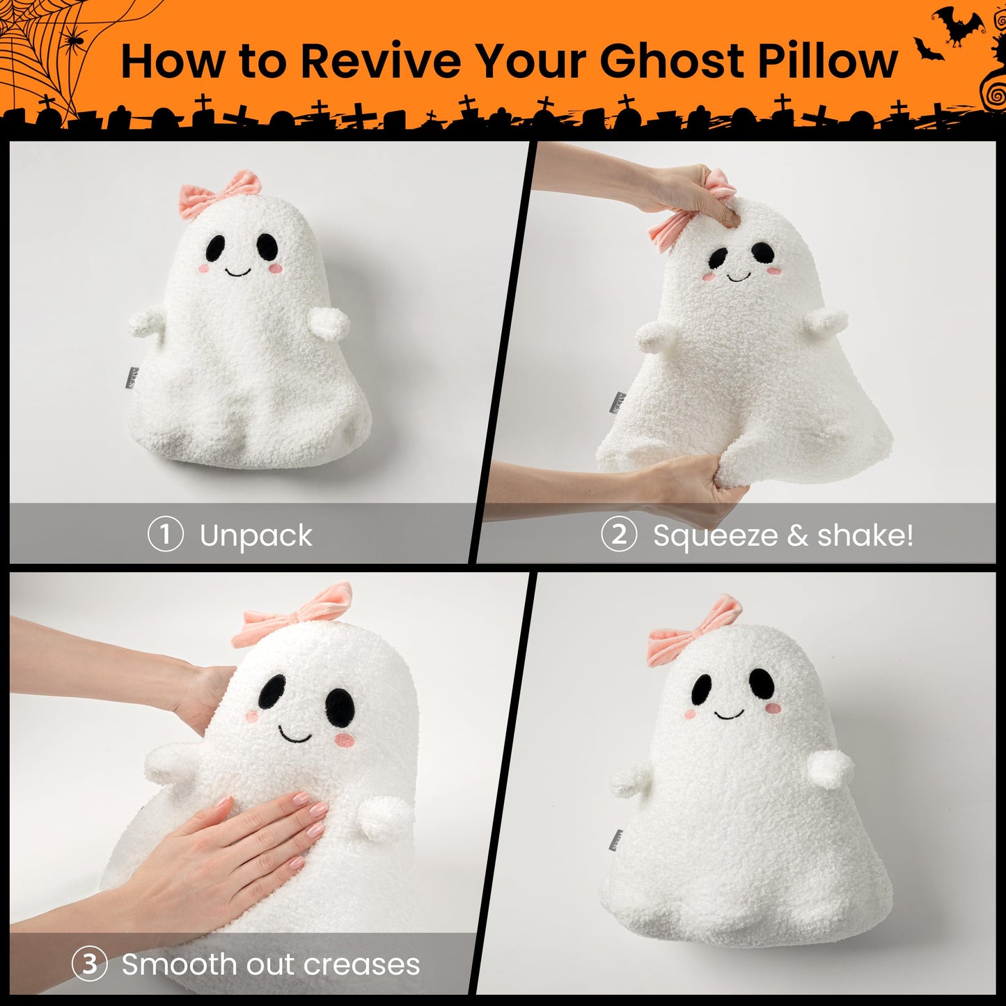 AELS Ghost with Horns Throw Pillow, Spooky Halloween Decorative Pillow | Soft Plush White Ghost Pillow for Couch Sofa Bed Living Room Decor, Cute Spooky Halloween Party Decoration