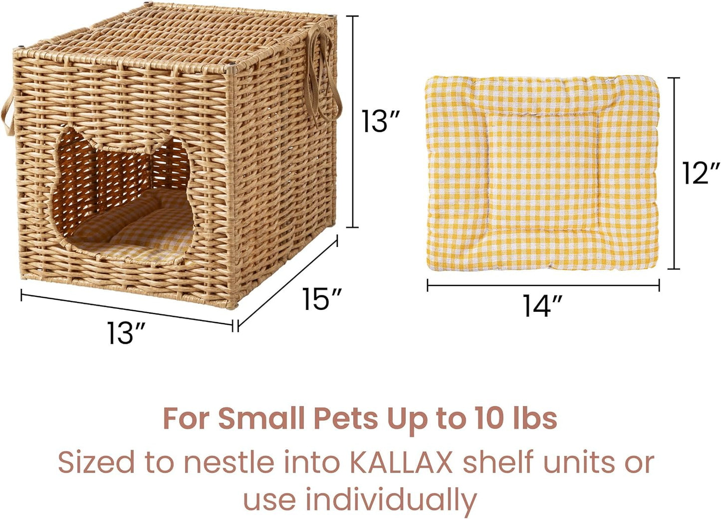 Handwoven Small Cat Bed Cave for IKEA Kallax Shelf, 13"x13"x15" Rattan Cat House for Indoor Cats Kittens and Small Pets with Removable Double-Sided Soft Cushion Pad, Pet Cube Hideaway Bed Natural