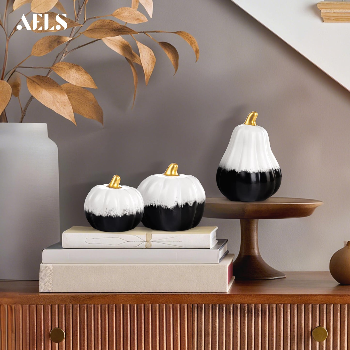 AELS Modern Ceramic Pumpkins Fall Decor Indoor, Set of 3 Chic Tabletop Decorations, Artificial Pumpkins Decor for Fall Table Runner, Office, Holiday Party Home, Black and White
