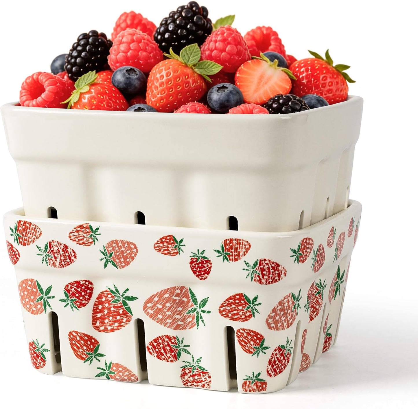 Ceramic Berry Basket, 5.9" Large Size Container for Fruit & Vegetables, Farmhouse Fruit Bowl, Strawberry Decor, Farmers Market, White Pink and Cute Strawberry Pattern, Stoneware Harvest Bowls for