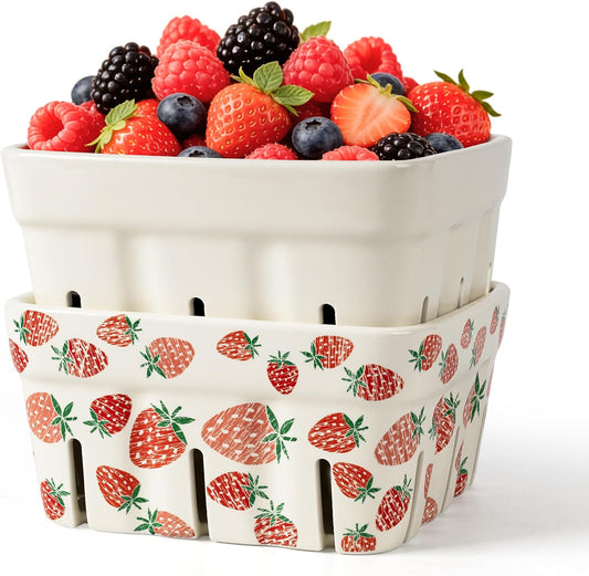 Ceramic Berry Basket, 5.9" Large Size Container for Fruit & Vegetables, Farmhouse Fruit Bowl, Strawberry Decor, Farmers Market, White Pink and Cute Strawberry Pattern, Stoneware Harvest Bowls for