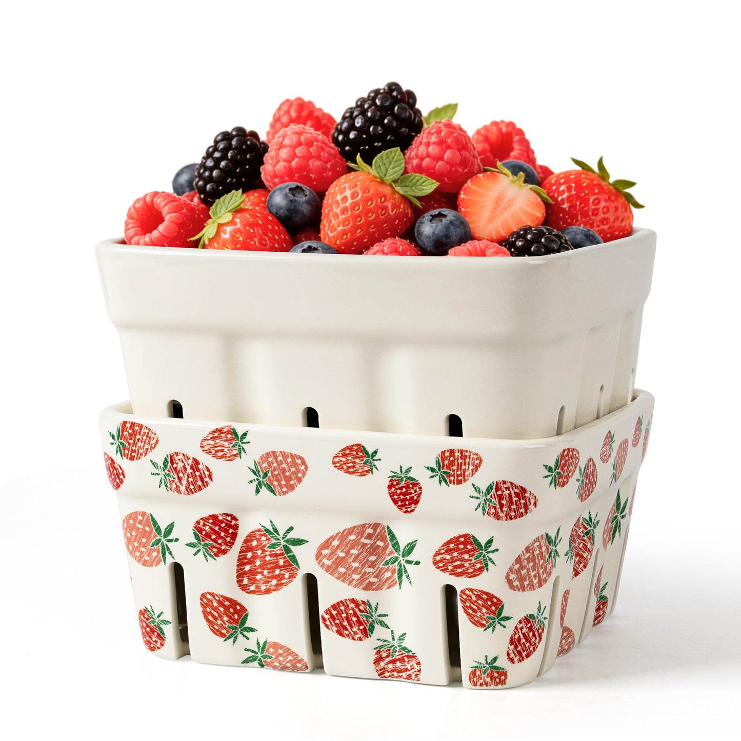 AELS Ceramic Berry Basket, 5.9" Container for Fruit & Vegetables, Farmhouse Fruit Bowl, Strawberry Decor, Farmers Market, White Pink and Cute Strawberry Pattern, Stoneware Harvest Bowls for Kitchen
