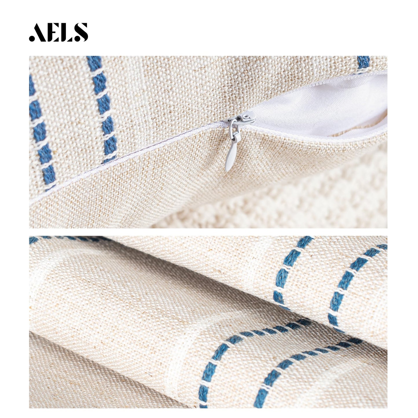 AELS 12x20 Decorative Farmhouse Linen Throw Pillow Covers, Boho Rectangle Lumbar Pillow Case, Set of 2, Beige with White & Gray Stripe Patchwork Cushion Cover for Sofa Couch Living Room (Cover ONLY)