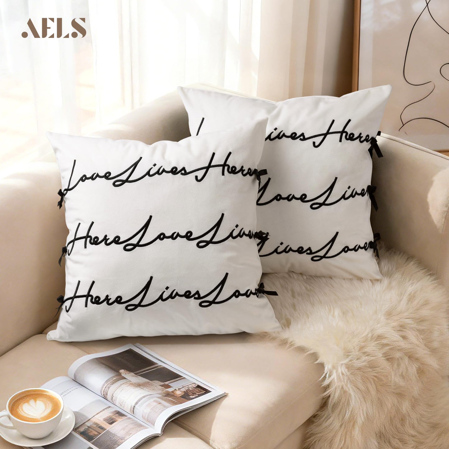 Bow Pillow Cover, Text Design Velvet Bowknot Decorative Pillow Covers for Valentine's Day, Wedding, Christmas, Living Room, Bedroom, Nursery Decor, 18x18 Inch, Love Lives Here, Pink Cream White