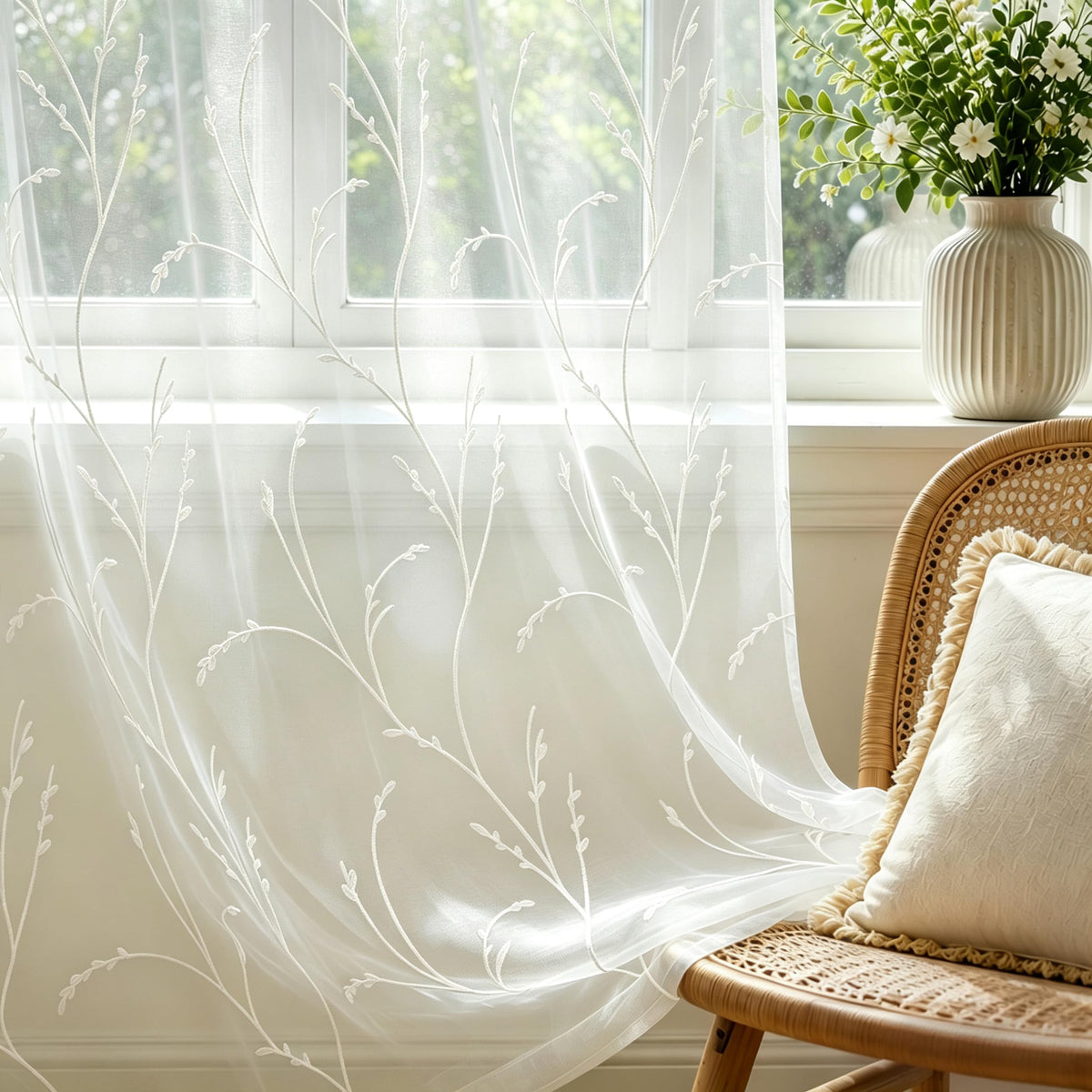 AELS Embroidered Sheer Curtains 84 Inches Long 2 Panels Set, Green Leaf