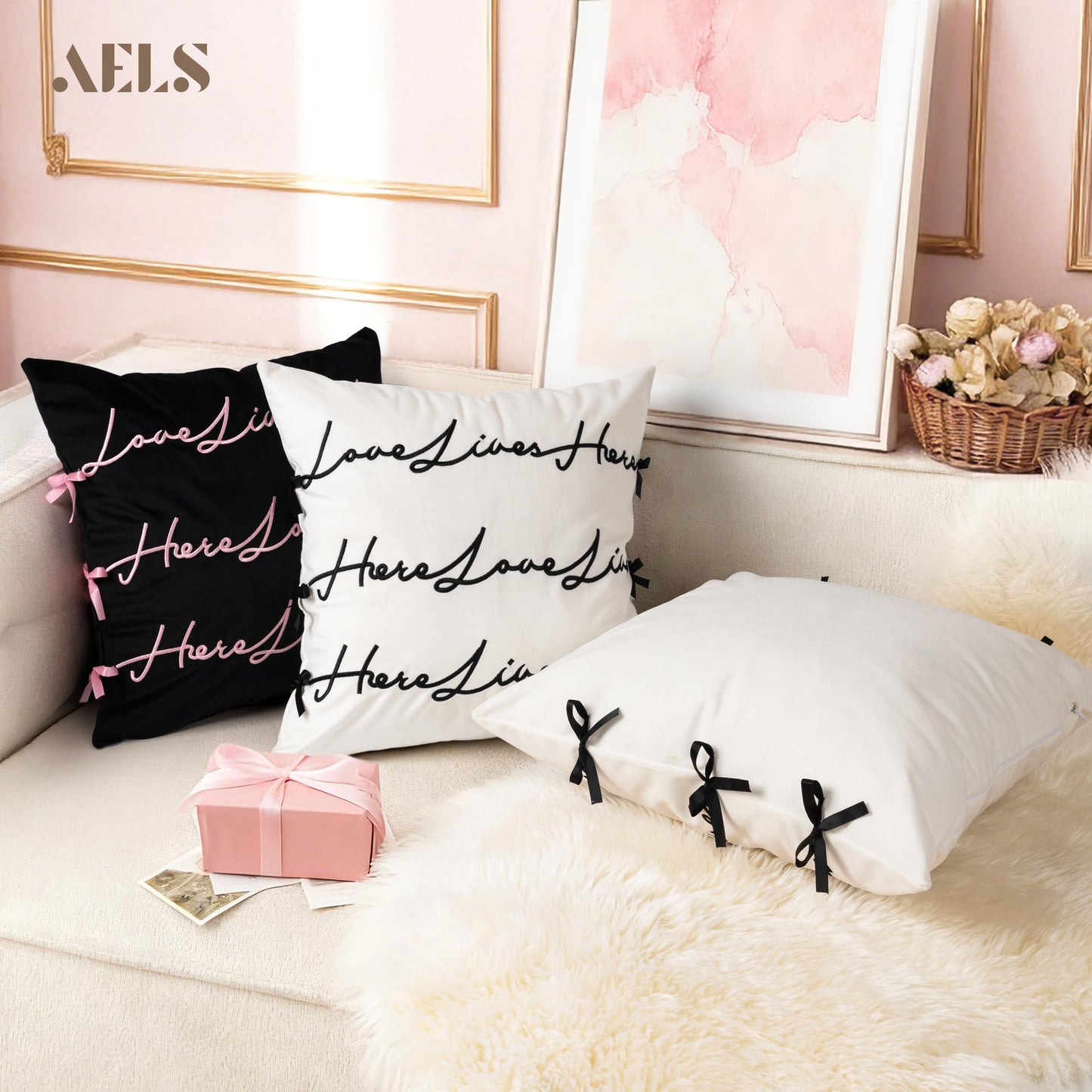 AELS Bow Pillow Cover, Text Design Velvet Bowknot Decorative Pillow Covers for Valentine's Day, Wedding, Christmas, Living Room, Bedroom, Nursery Decor, 18x18 Inch, Love Lives Here, Pink Cream White