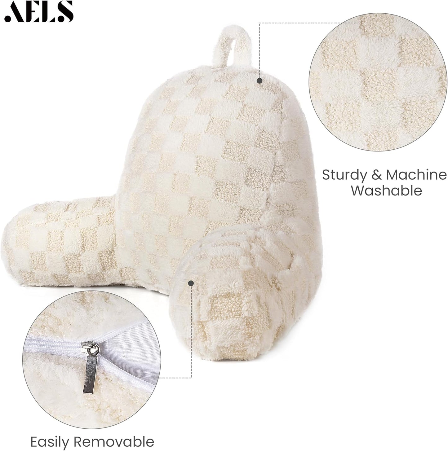 AELS Large Reading Pillow Replacement Cover with Arms and Pockets (Cover ONLY), 18" Soft Faux Fur Checkered Backrest Pillow Cover Fits Standard Size Reading Pillows, Beige