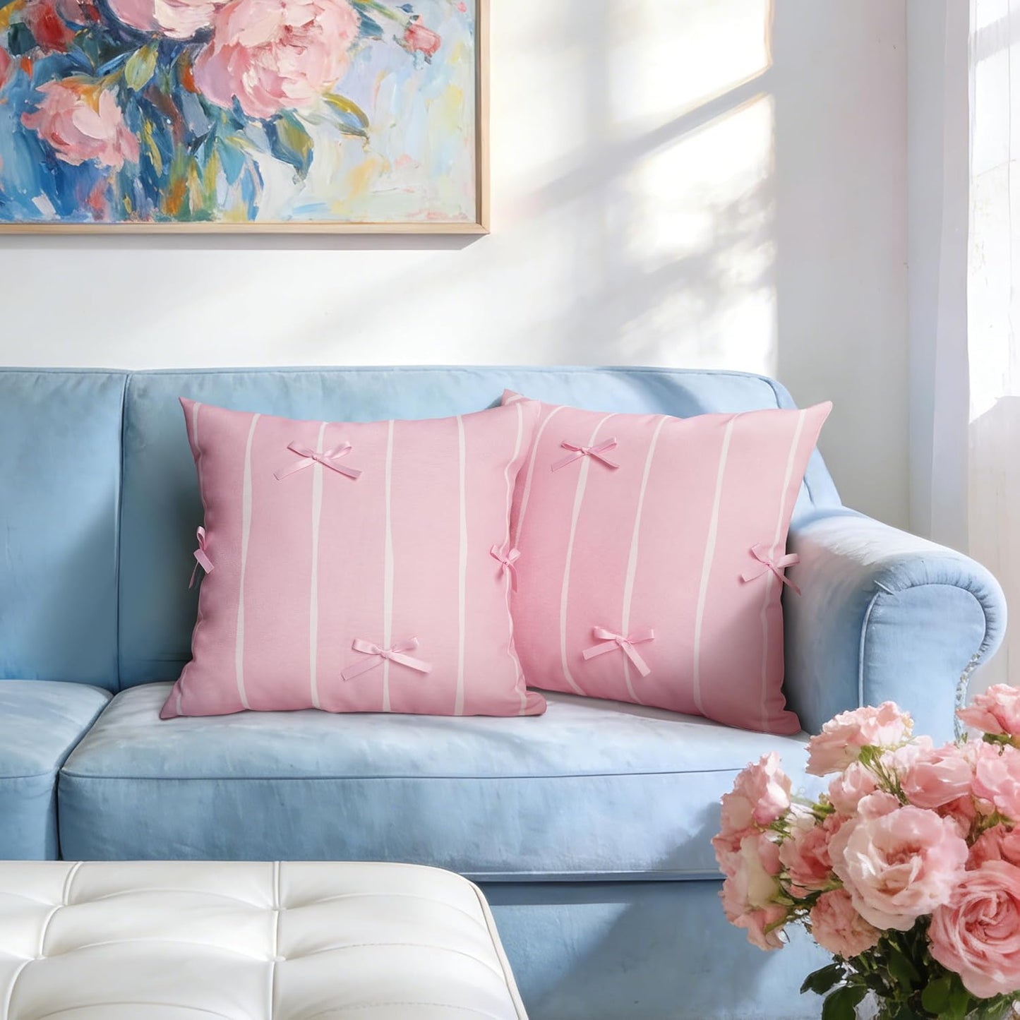 AELS Pink Bow Striped Decorative Valentine Throw Pillow Covers 18x18, Set of 2, Bowknot Pillow Case, Cute Cushion Case for Bed Couch Sofa, Pink and White Stripes, Covers Only