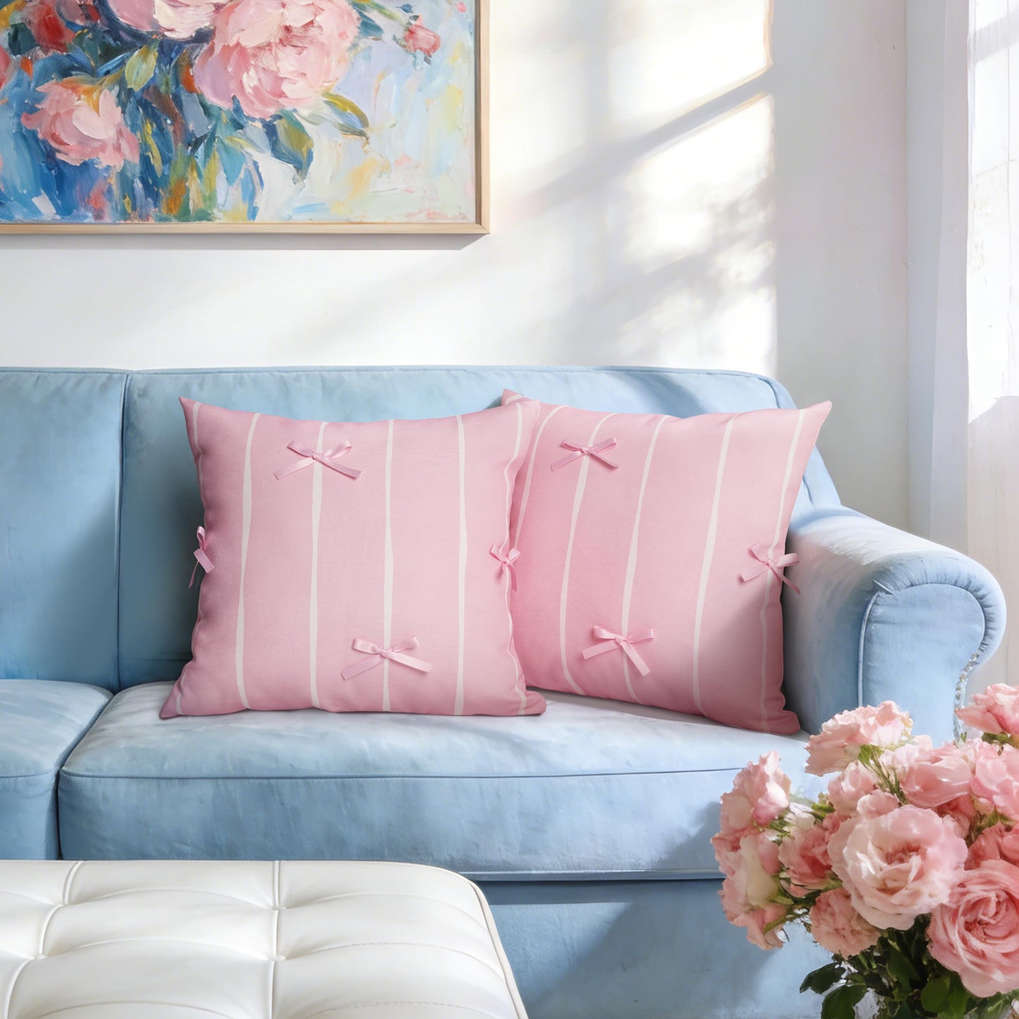 AELS Pink Bow Striped Decorative Valentine Throw Pillow Covers 18x18, Set of 2, Bowknot Pillow Case, Cute Cushion Case for Bed Couch Sofa, Pink and White Stripes, Covers Only