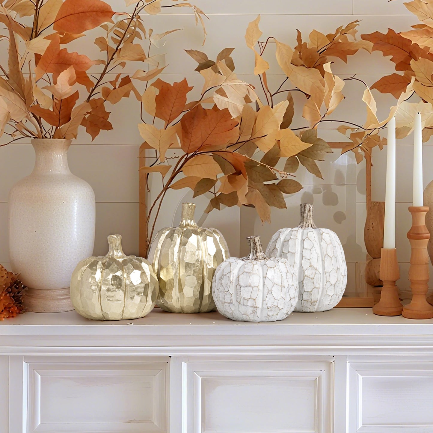 AELS 5.9" Tall Modern Farmhouse Pumpkins Fall Decor Indoor, Set of 2 Elegant Tabletop Decorations, Resin Artificial Pumpkins Decor for Fall Table Runner, Office, Holiday Party Home, White