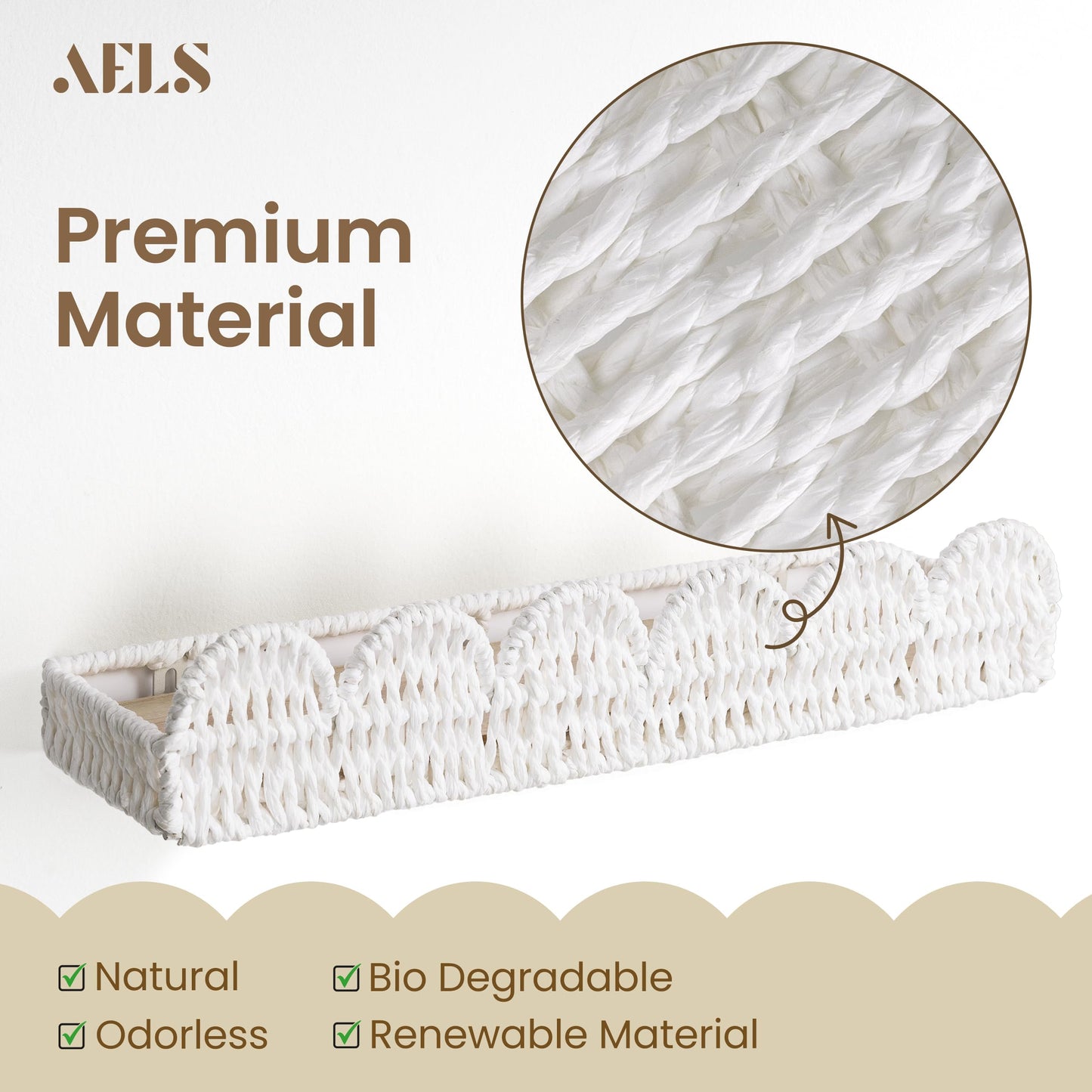 AELS Scalloped Nursery Bookshelf, Set of 2, Picture Ledge Shelf for Wall Decor, Woven Straw Paper Floating Shelves for Books, Toys, Photo Frames, Nursery, Boho Modern Farmhouse Book Shelf, Beige