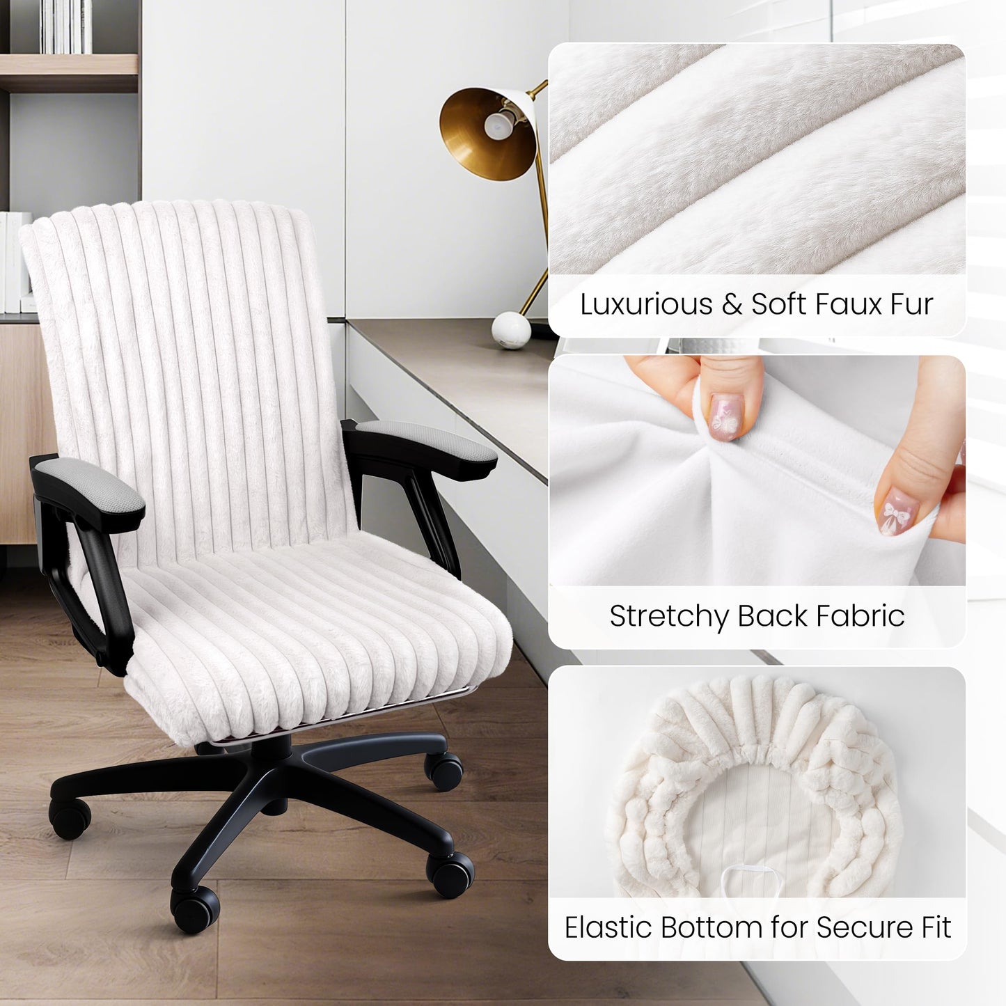 AELS Faux Fur Striped Office Chair Cover, Desk Chair Cover Computer Office Chair Covers - Fits Desk Chair/Armchair, Soft Breathable Fabric - Washable & Removable for Home & Office, Cream White