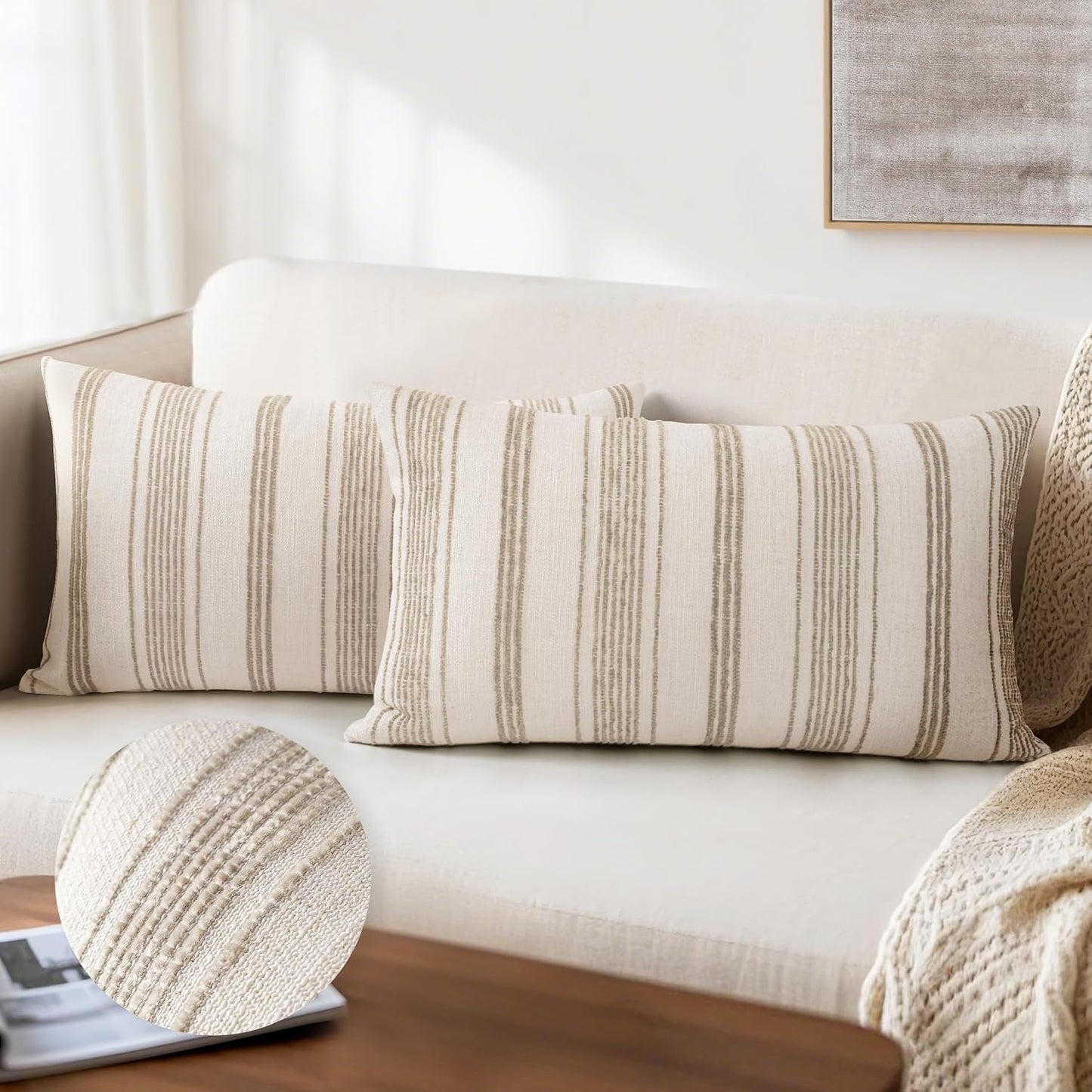 AELS 12x20 Decorative Farmhouse Linen Lumbar Pillow Covers, Beige with Olive Green Chenille Striped Pillow Case, Set of 2, Boho Textured Cushion Cover for Sofa Couch Living Room (Cover ONLY)