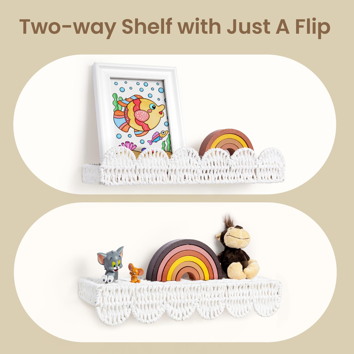 AELS Scalloped Nursery Bookshelf, Set of 2, Picture Ledge Shelf for Wall Decor, Woven Straw Paper Floating Shelves for Books, Toys, Photo Frames, Nursery, Boho Modern Farmhouse Book Shelf, Beige