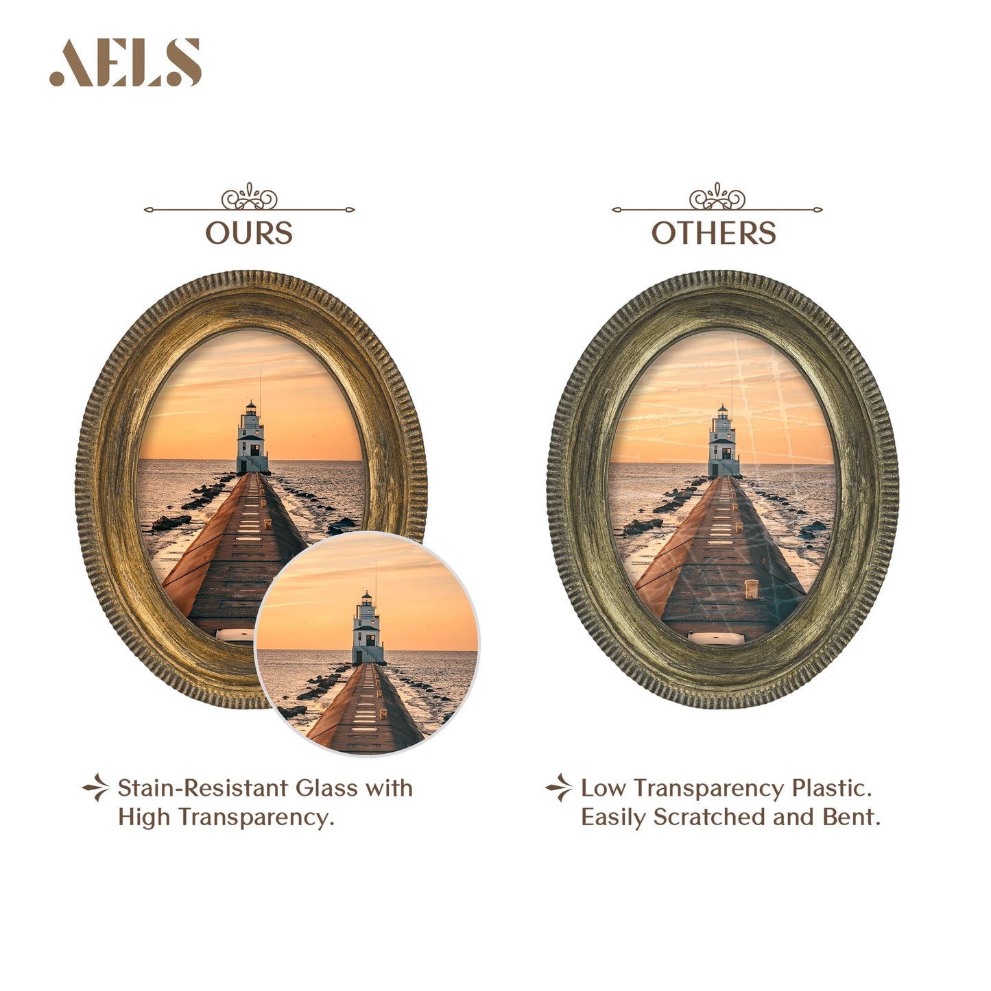 AELS 5x7 Inch Vintage Oval Picture Frame, Elegant Antique Ridged Design Photo Frames with Glass Front, Photo Display, Tabletop Wall Hanging, Gift Ideas, Distressed Bronze