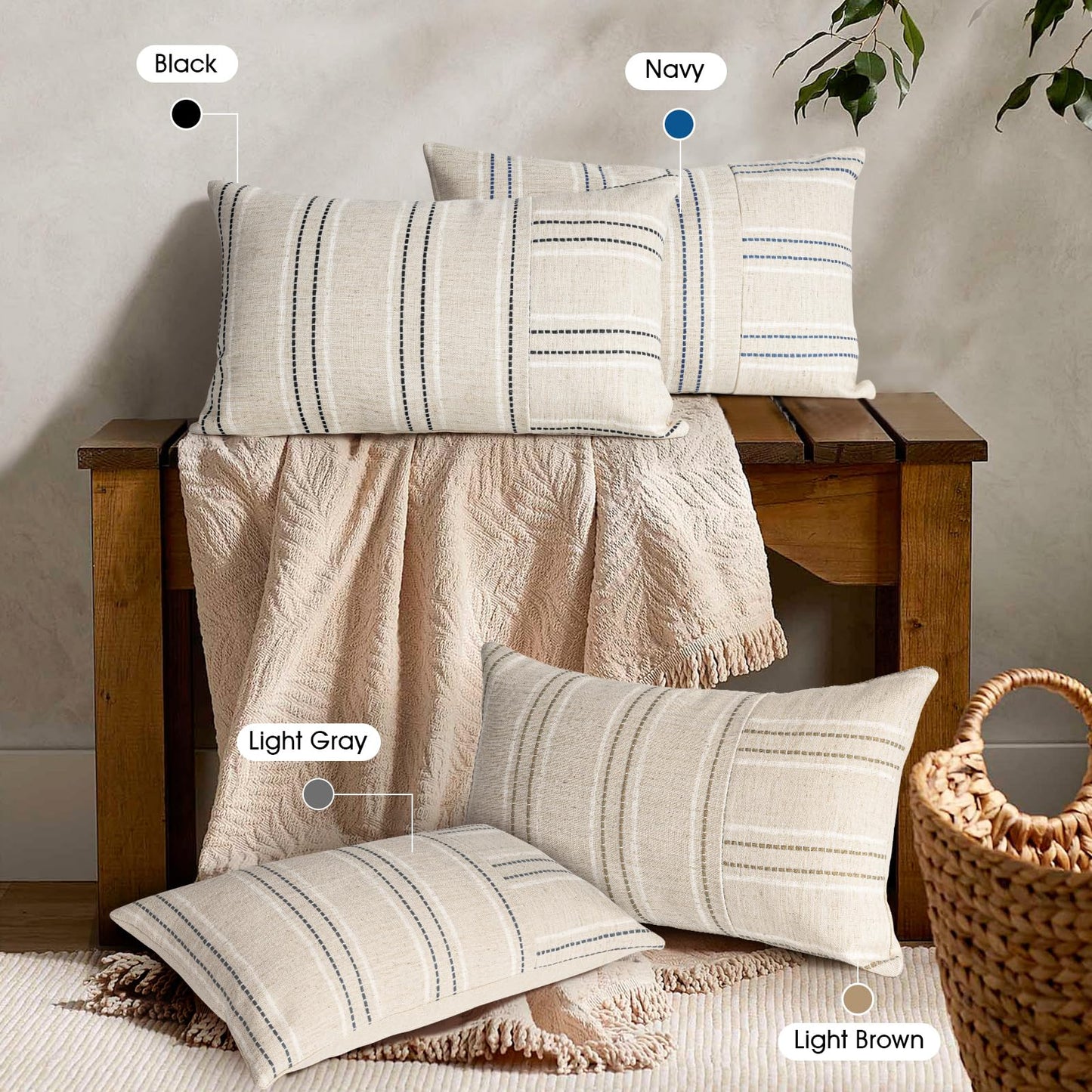 AELS 12x20 Decorative Farmhouse Linen Throw Pillow Covers, Boho Rectangle Lumbar Pillow Case, Set of 2, Beige with White & Gray Stripe Patchwork Cushion Cover for Sofa Couch Living Room (Cover ONLY)
