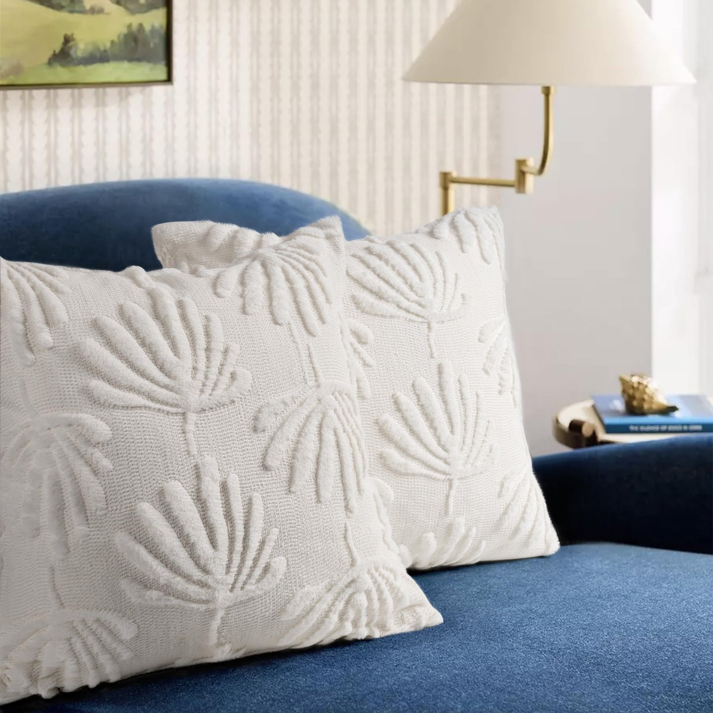 AELS Decorative Throw Pillow Covers 20x20, Set of 2, Modern Farmhouse Fan Palm Leaves Soft Plush Couch Pillow Case for Bed Couch Sofa, Cream White (Covers Only)