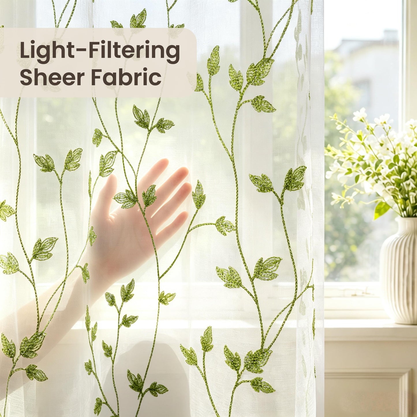 Semi White Sheer Curtains 84 Inches Long 2 Panels Set, White Stem | Embroidered Leaf Patterned Voile Window Treatments for Living Room Bedroom, Airy Light Filtering Grommet Curtains 52"W x 84"L