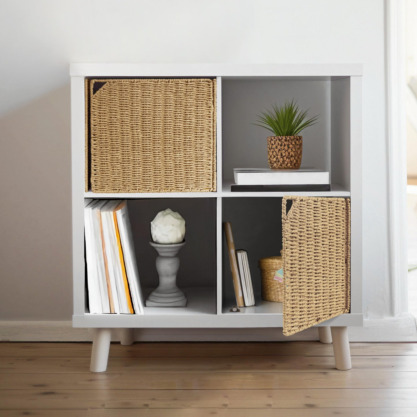 11" Handwoven Natural Fibre Doors for Cube Storage Shelf, Set of 3, Boho Straw Shelf Cover for Small Bookcase & Open Bookshelf, Rustic Farmhouse Home Decor, Beige (Door ONLY)