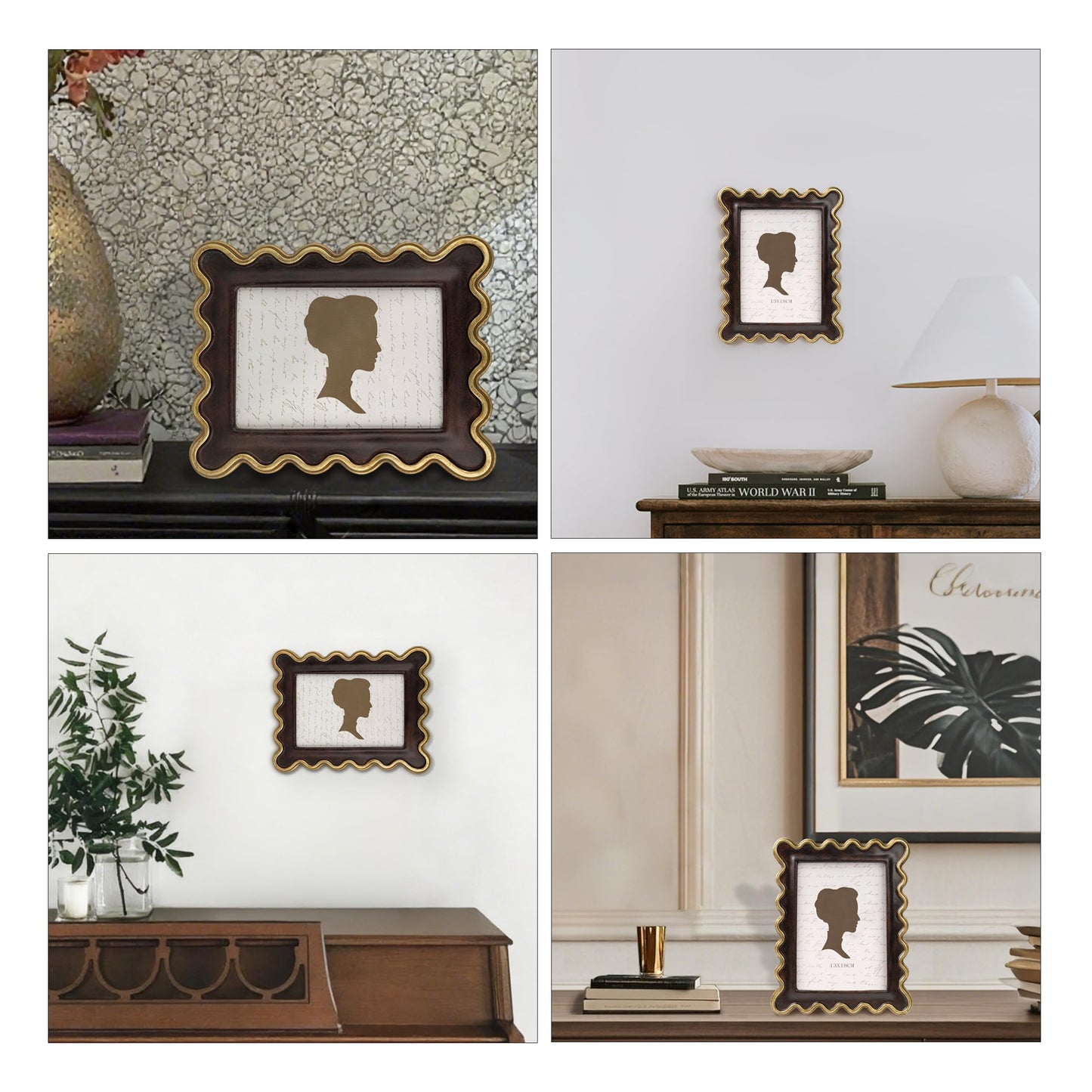 AELS 4x6 Inch Vintage Scalloped Picture Frame, Mid Century Modern Antique Photo Frames with Glass Front, Photo Display, Tabletop Wall Hanging, Gift Ideas, Dark Walnut