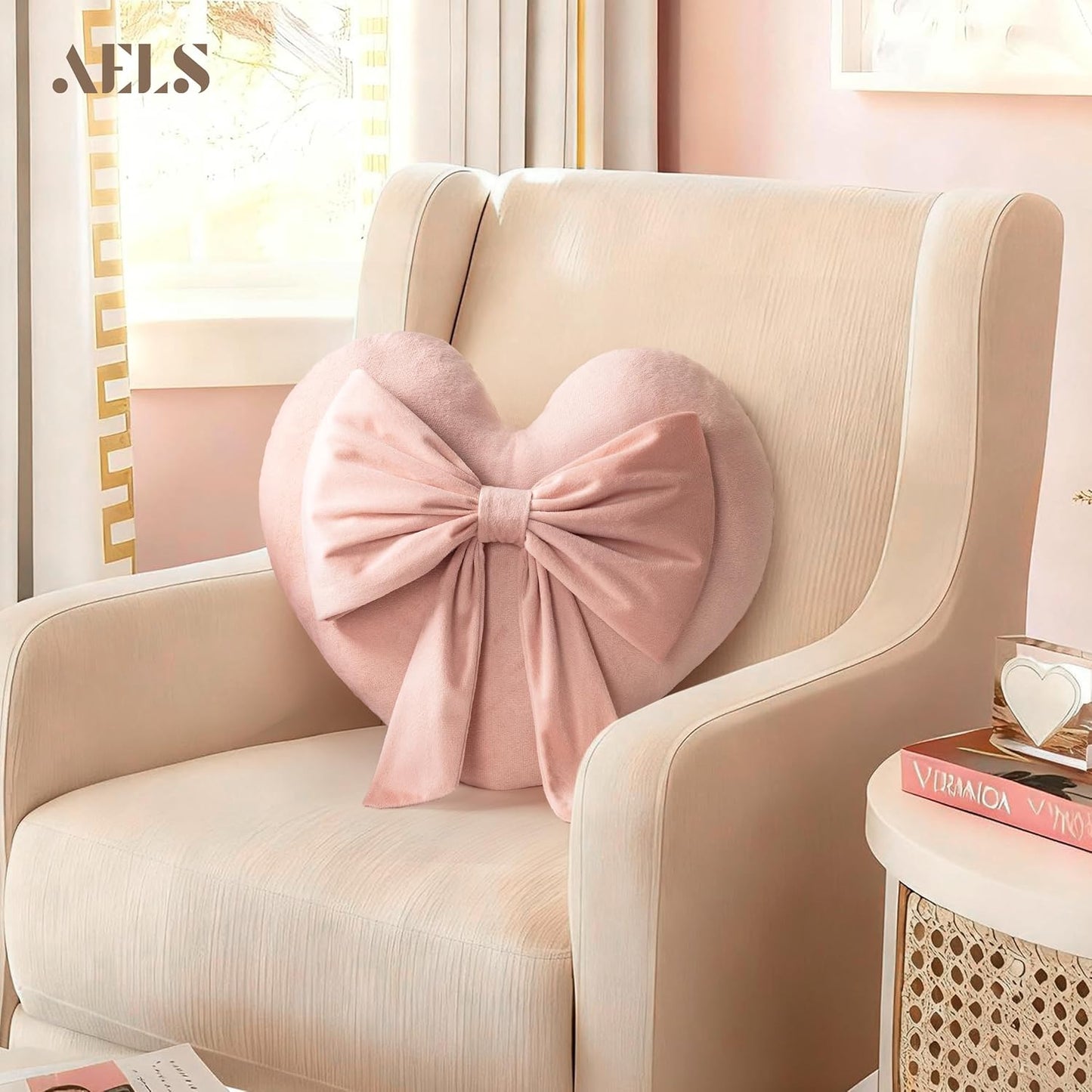 AELS Heart Shaped Pillow with Bow, 16.5 Inches Heart Decorative Throw Pillows, Cute Valentines Day Decorations, Wedding Decor, Living Room Bedroom Nursery Decor, Pink