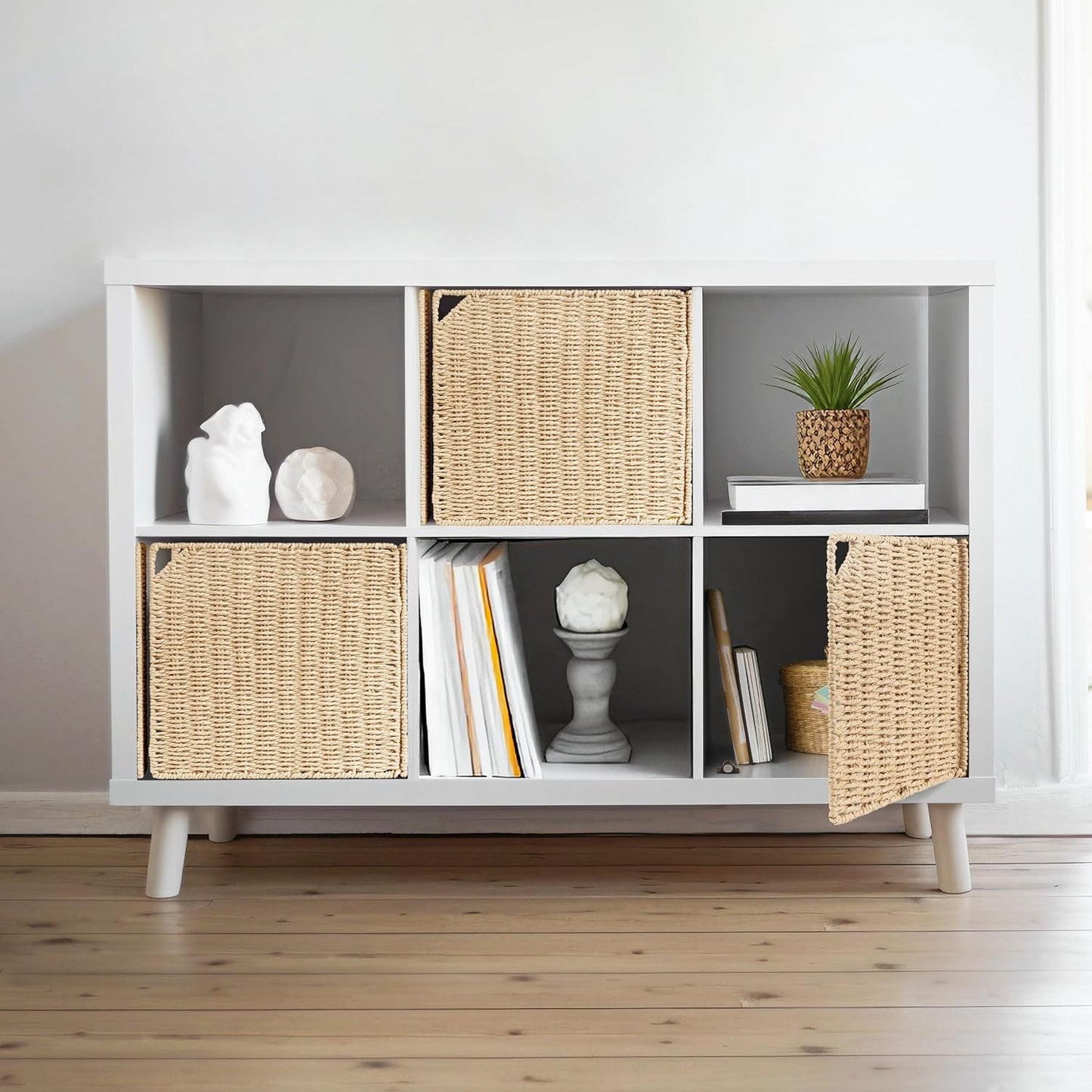 AELS 11" Handwoven Natural Fibre Doors for Cube Storage Shelf, Set of 3, Boho Straw Shelf Cover for Small Bookcase & Open Bookshelf, Rustic Farmhouse Home Decor, Beige (Door ONLY)