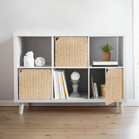 11" Handwoven Natural Fibre Doors for Cube Storage Shelf, Set of 3, Boho Straw Shelf Cover for Small Bookcase & Open Bookshelf, Rustic Farmhouse Home Decor, Beige (Door ONLY)