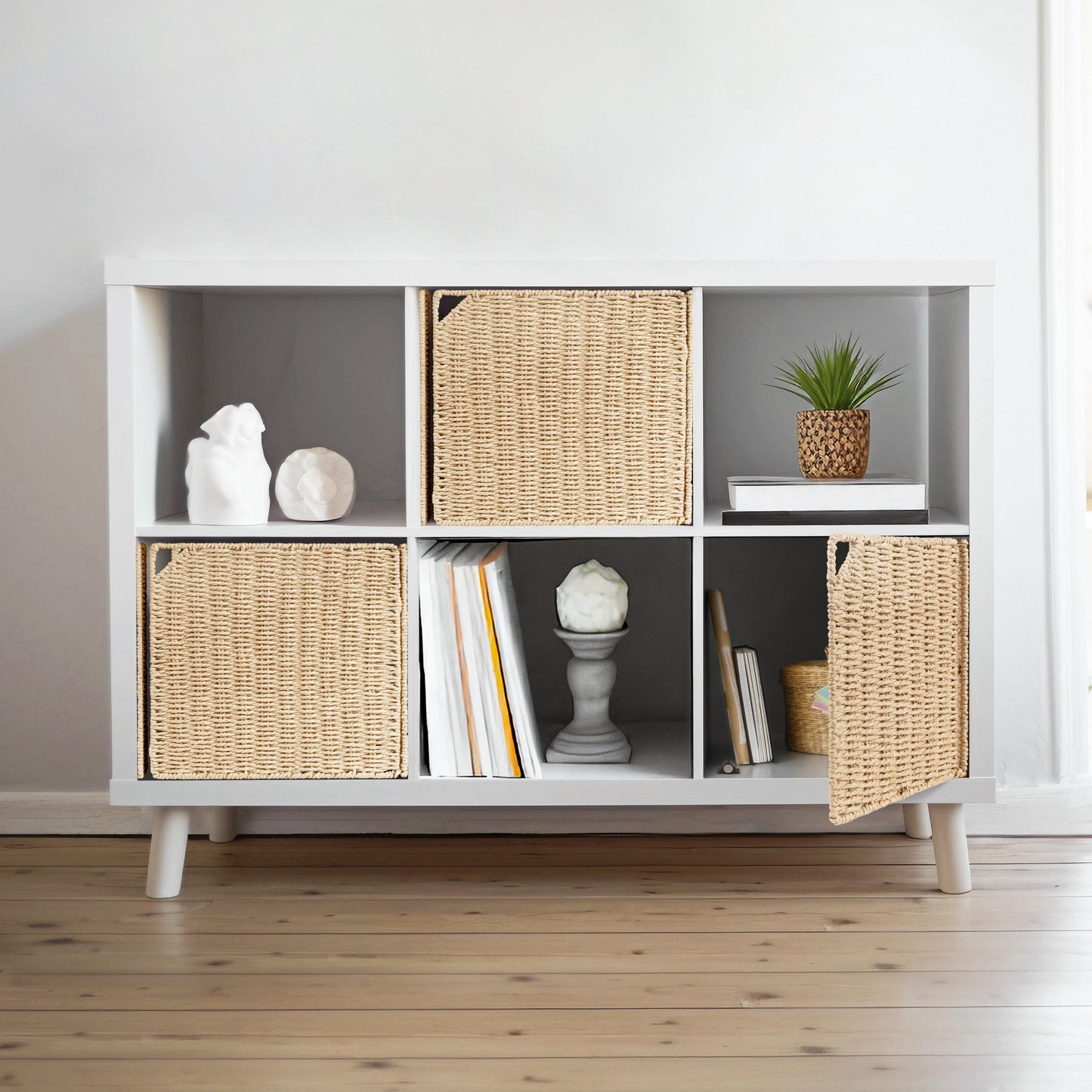 11" Handwoven Natural Fibre Doors for Cube Storage Shelf, Set of 3, Boho Straw Shelf Cover for Small Bookcase & Open Bookshelf, Rustic Farmhouse Home Decor, Beige (Door ONLY)