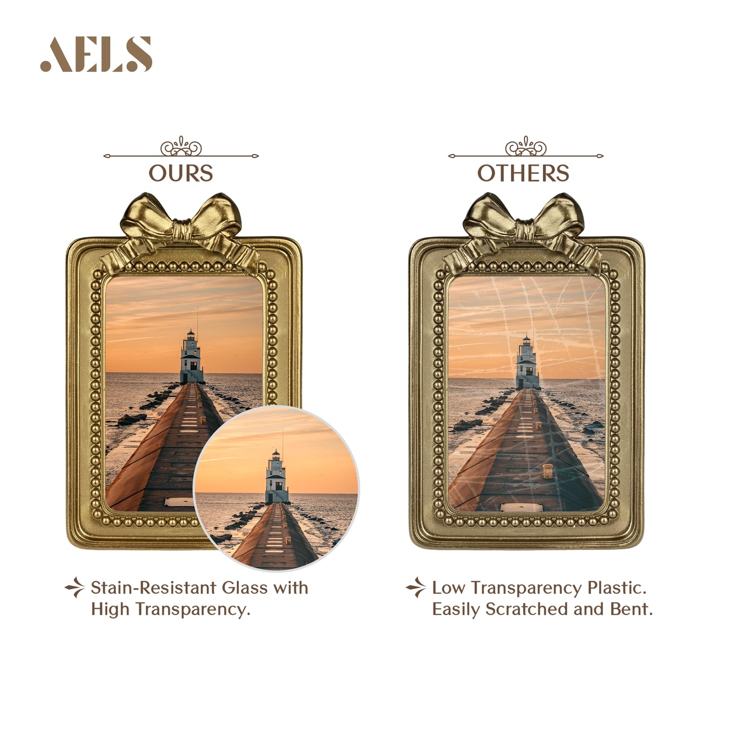 AELS 4x4 Inch Heart Shaped Vintage Picture Frame, Elegant Antique Bow Photo Frames with Glass Front, Photo Display, Tabletop Wall Hanging, Gift Ideas, Golden Bronze
