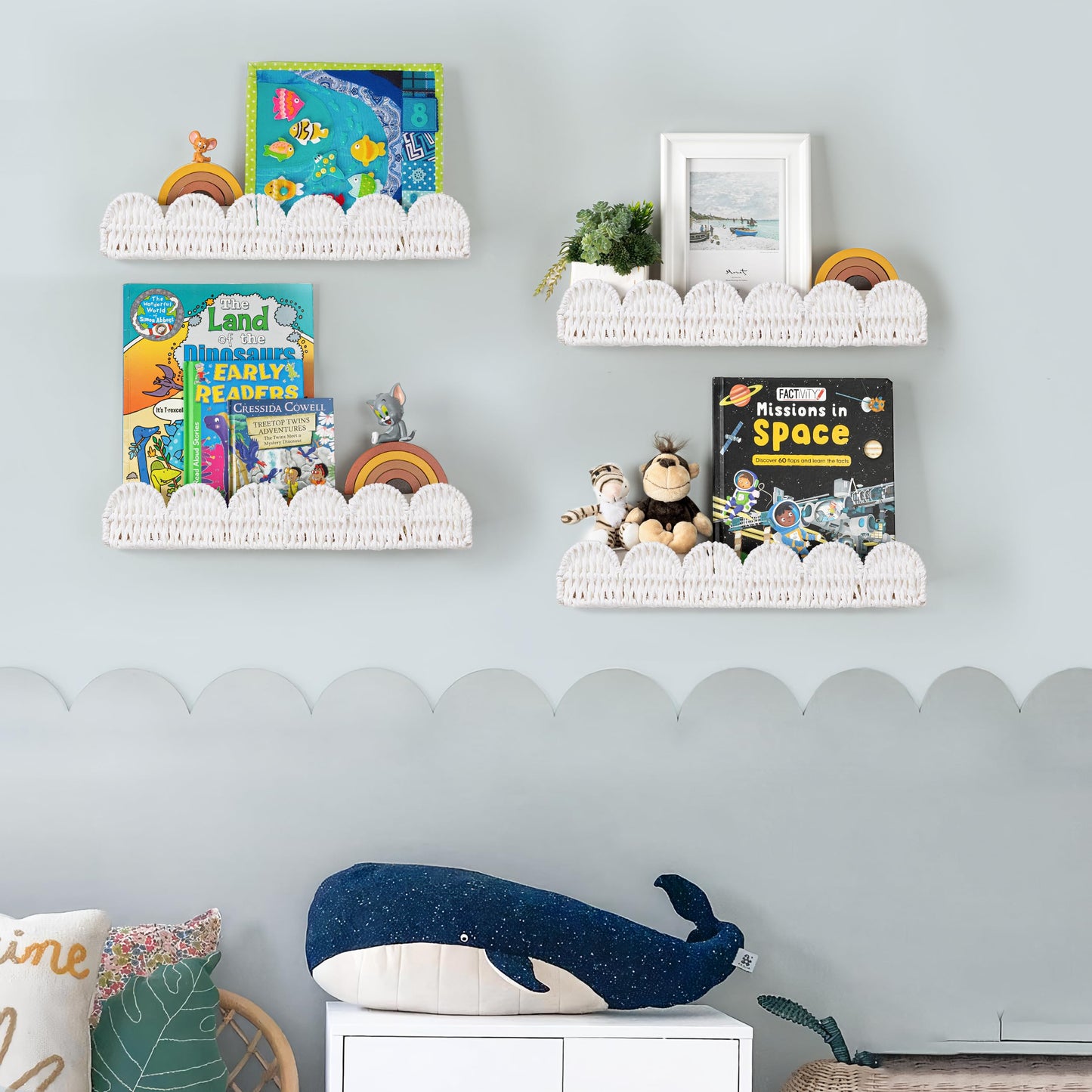 AELS Scalloped Nursery Bookshelf, Set of 2, Picture Ledge Shelf for Wall Decor, Woven Straw Paper Floating Shelves for Books, Toys, Photo Frames, Nursery, Boho Modern Farmhouse Book Shelf, Beige