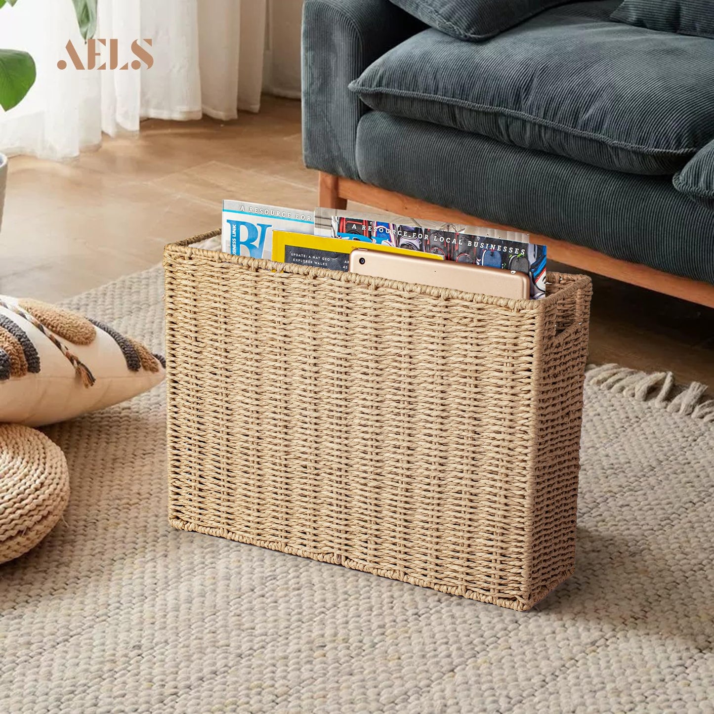 Woven Natural Fibre Magazine Holder, Scalloped Edge Floor Magazine Rack, Hand-woven Organizer, Boho Modern Farmhouse Book Basket, File Newspaper Mail Holder for Office