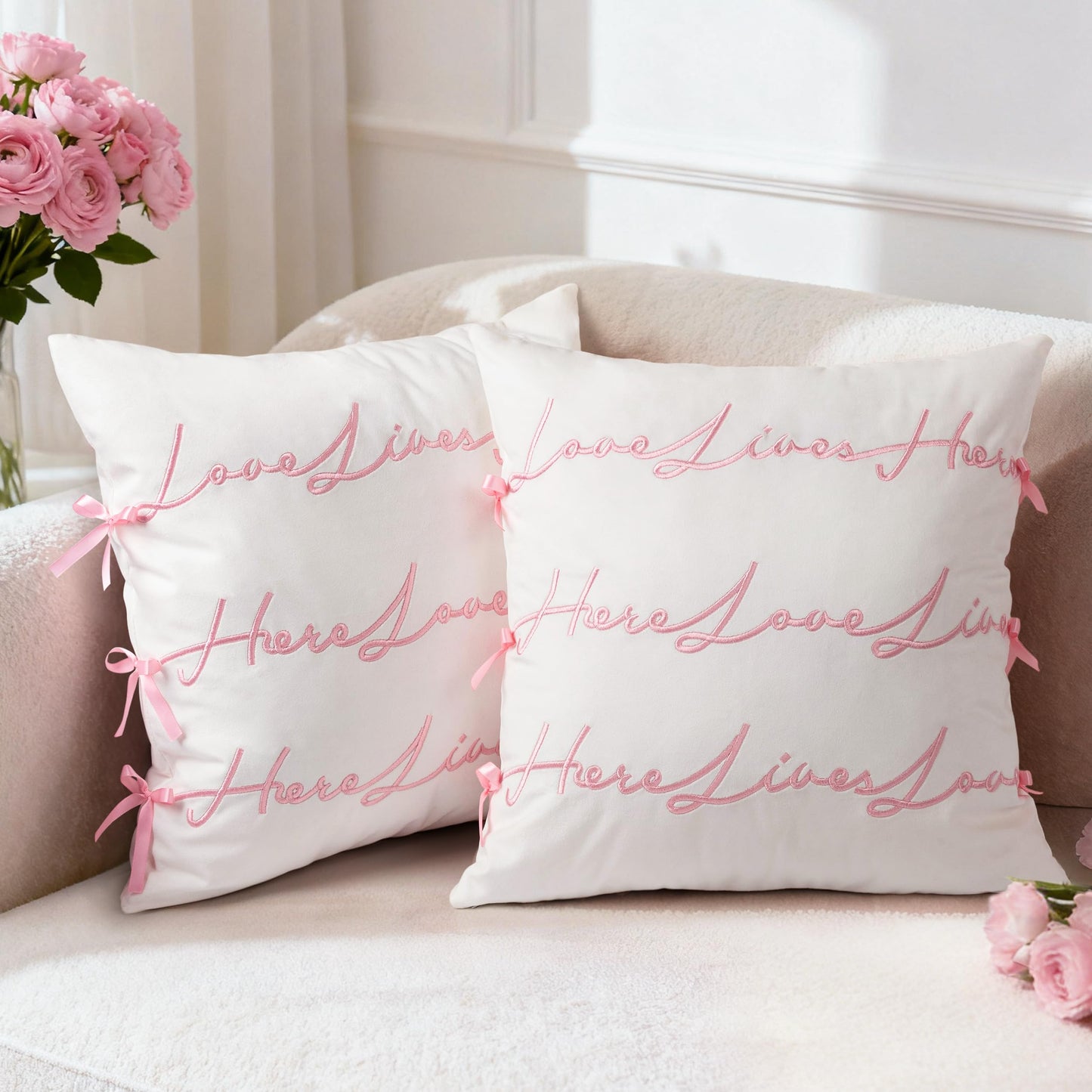 Bow Pillow Cover, Text Design Velvet Bowknot Decorative Pillow Covers for Valentine's Day, Wedding, Christmas, Living Room, Bedroom, Nursery Decor, 18x18 Inch, Love Lives Here, Pink Cream White