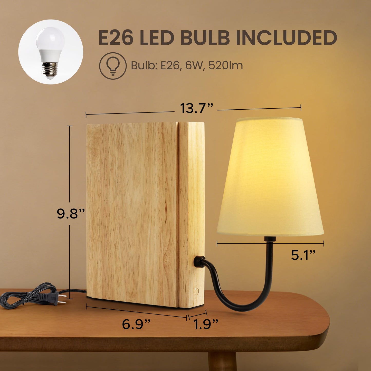 AELS Wooden Bookshelf Lamp with Bulb, Cordless Touch Dimmable Table Lamp with Linen Fabric Shade, Battery Operated, Modern Decorative Bookend, Book Sconce for Office Home Bedroom Bookshelf, Natural