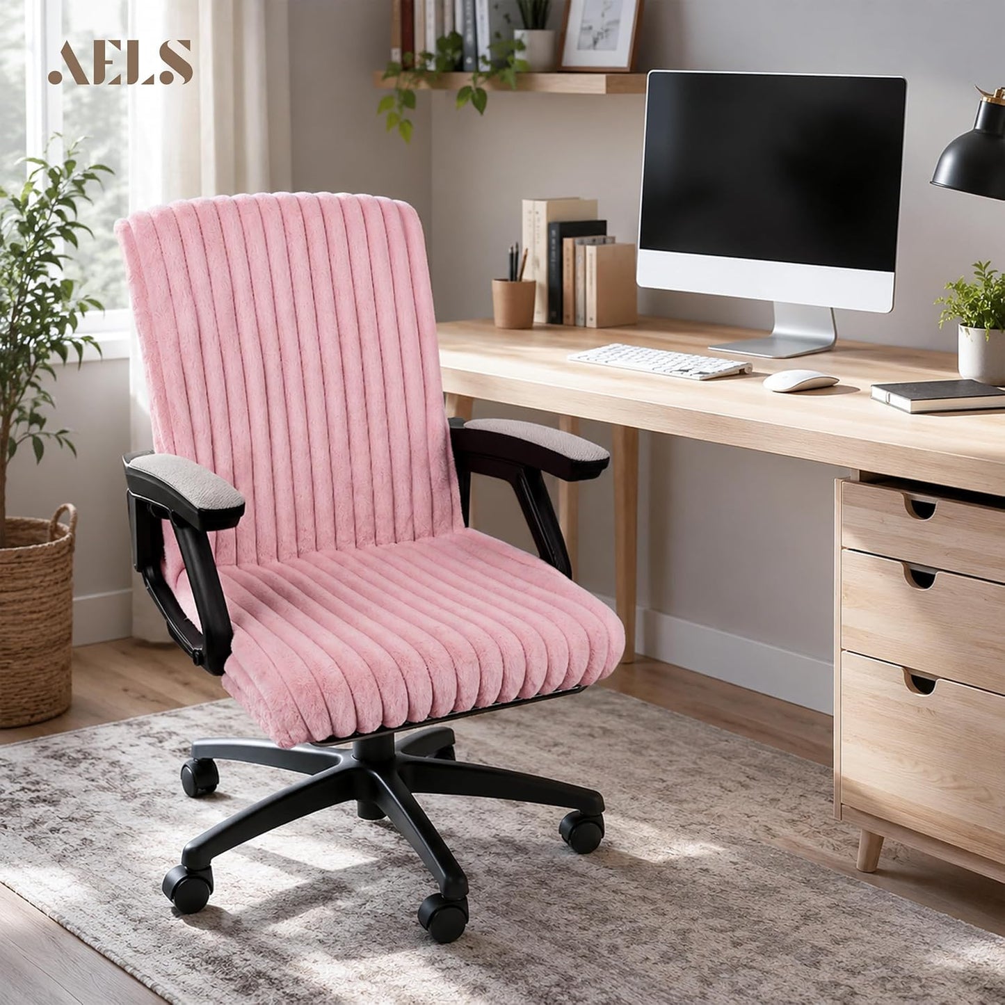 Faux Fur Office Chair Cover with Zipper, Desk Chair Slipcover Pink | Soft Breathable Faux Fur Office Chair Cover with Zipper, Removable Washable Cover for Home & Office, Fits Desk Chair/Armchair