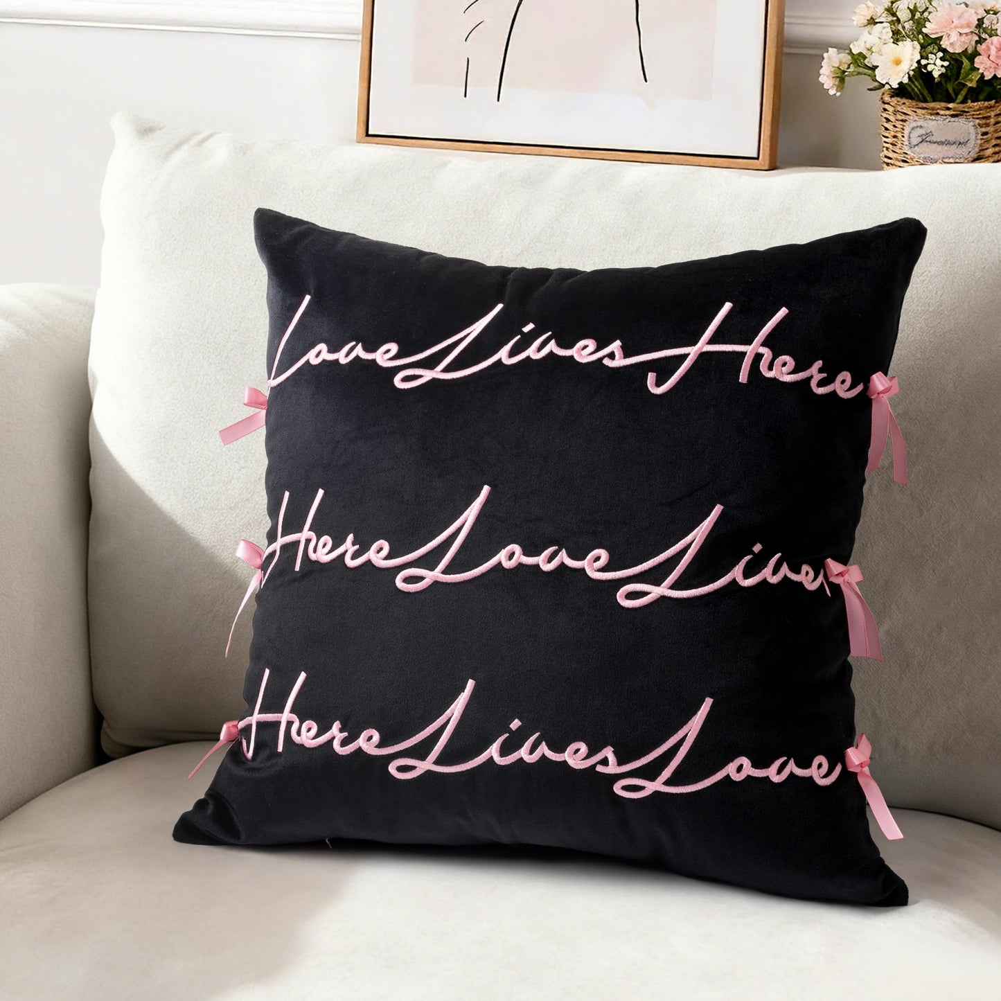 AELS Bow Pillow Cover, Text Design Velvet Bowknot Decorative Pillow Covers for Valentine's Day, Wedding, Christmas, Living Room, Bedroom, Nursery Decor, 18x18 Inch, Love Lives Here, Pink Cream White