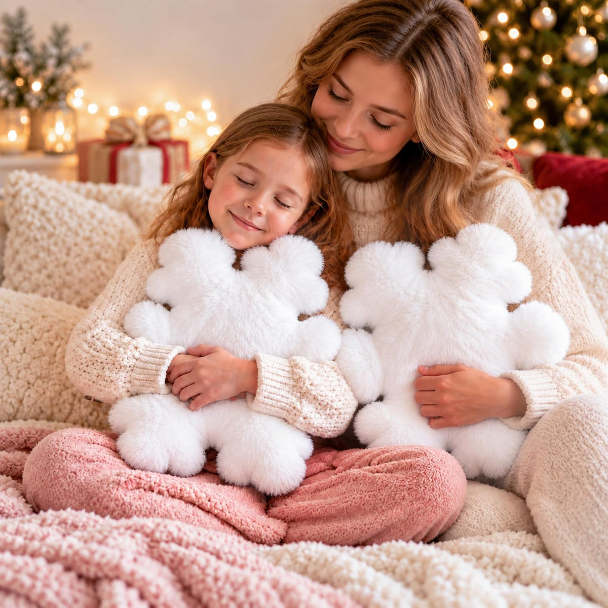 AELS Set of 2 Snowflake Christmas Faux Fur Decorative Throw Pillows, White