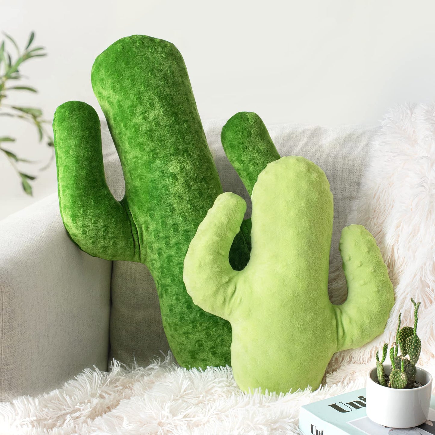 AELS Set of 2 Cactus Decorative Throw Pillows, 22"& 14" Cactus Plush Pillow Set, 3D Office Nap Pillow, Cute Succulent Throw Pillow for Nursery Bedroom Room Decor, Blue Green & Sage Green