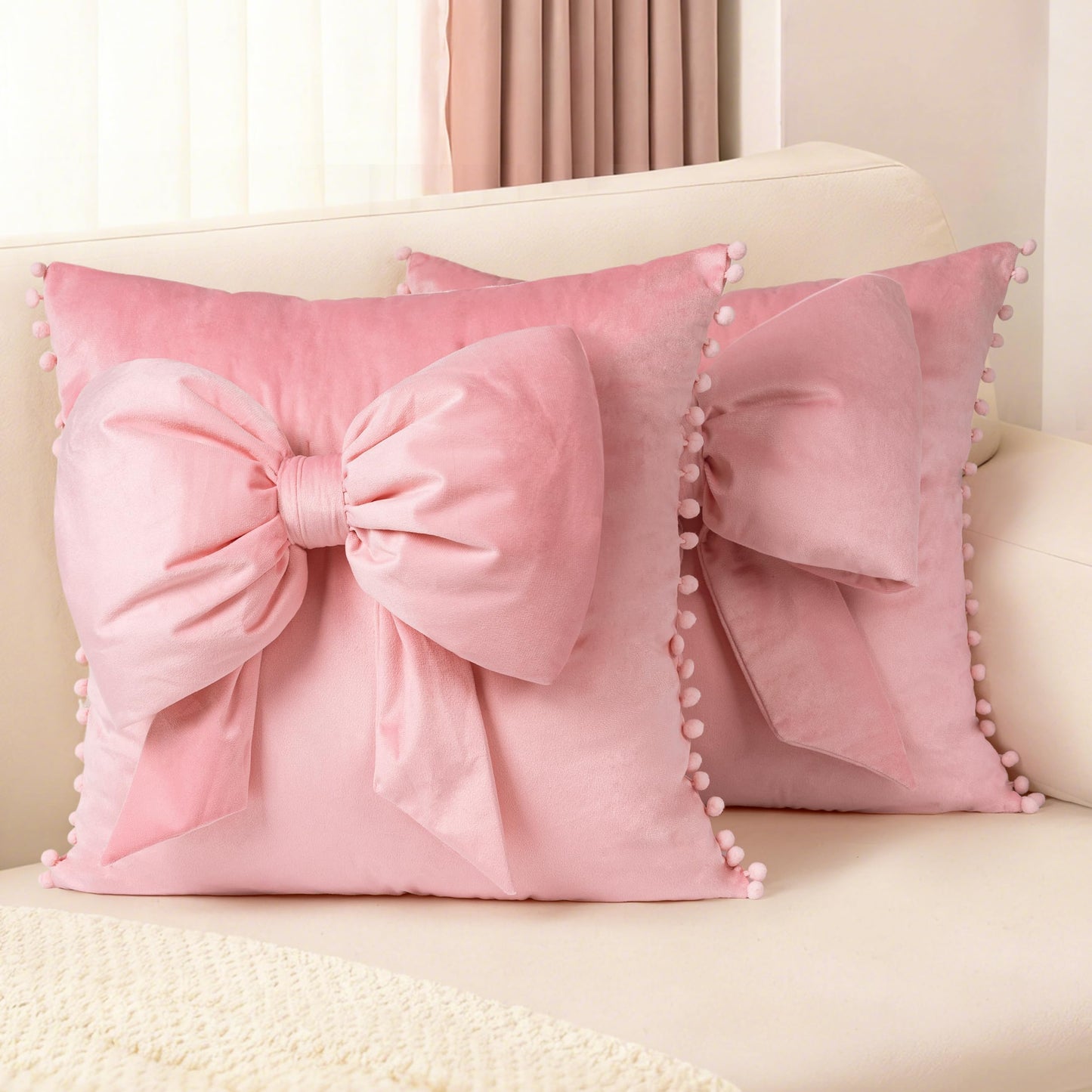 AELS Bow Pillow Cover, 18x18 Bow Decorative Set of 2, Velvet Bowknot Pillow Cover with Pom-poms for Valentine's Day, Wedding, Christmas, Living Room, Bedroom, Nursery Decor, Navy Blue