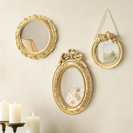 AELS 3 Pack Small Antique Gold Mirror Wall Decor, Wall Hanging Mirror Decor, Luxury Home Decor, Vintage Wall Mirror Set of 3, Small Decorative Mirrors for Living Room Entryway Bedroom