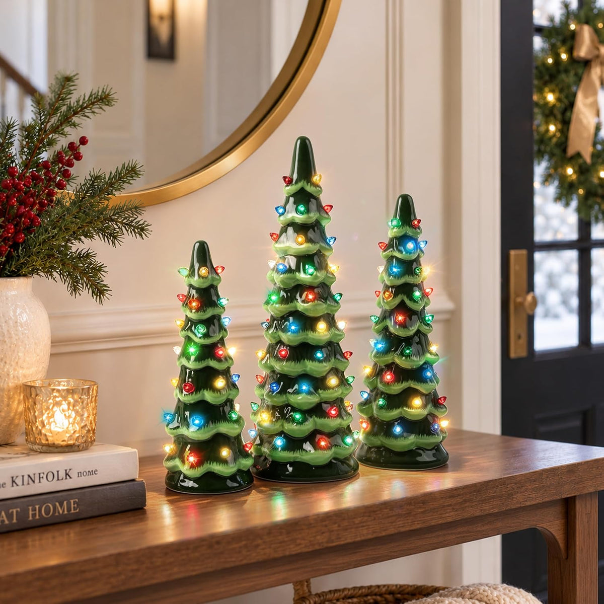 AELS Cordless Lighted Ceramic Christmas Tree Set of 3 Pre-Lit Green