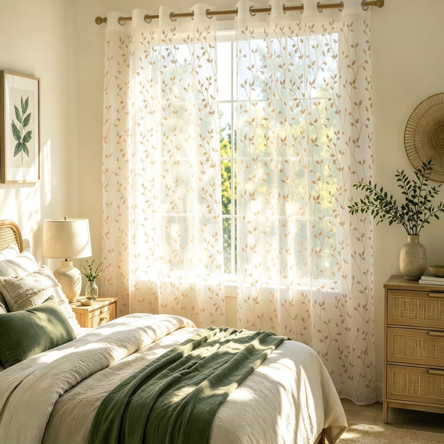 Semi White Sheer Curtains 84 Inches Long 2 Panels Set, White Stem | Embroidered Leaf Patterned Voile Window Treatments for Living Room Bedroom, Airy Light Filtering Grommet Curtains 52"W x 84"L