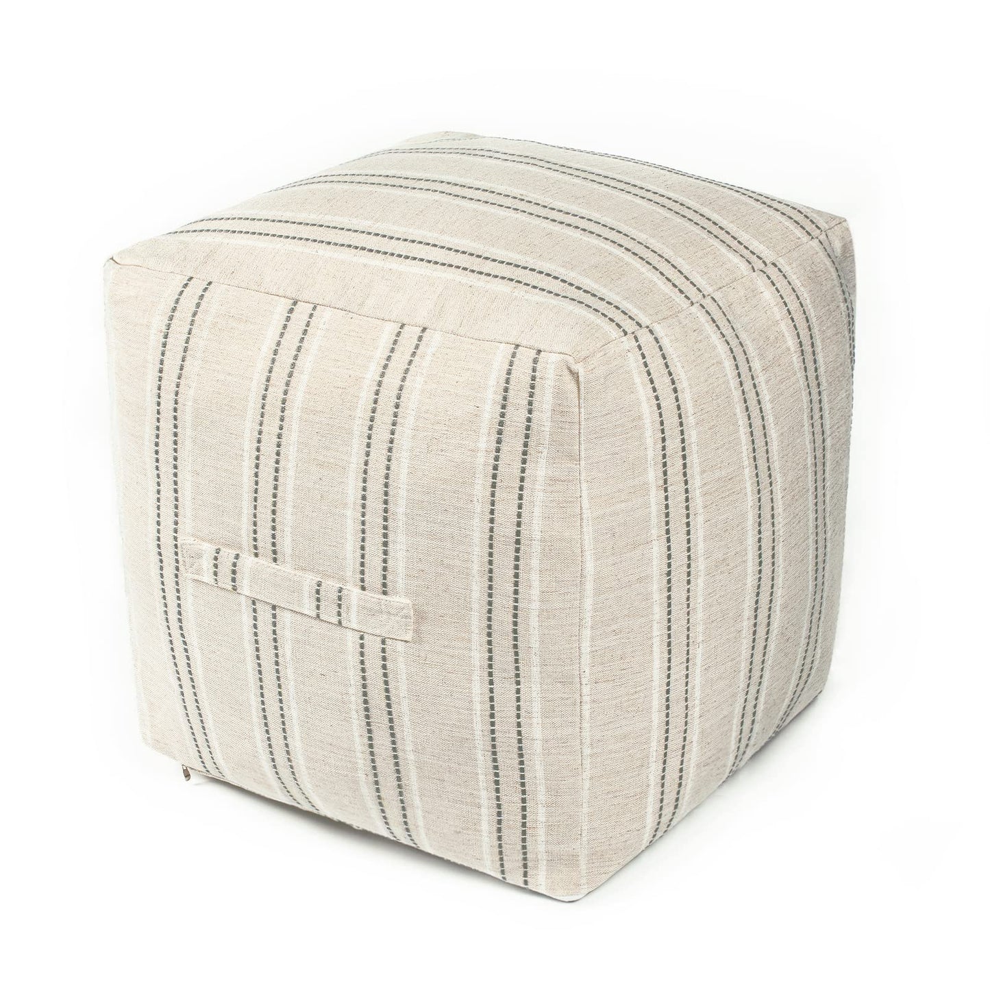 AELS Unstuffed Farmhouse Pouf Cover for Living Room, Boho Storage Bean Bag Cubes, Beige with Brown Stitch Yarn Dyed Stripe Square Ottoman Pouf Foot Rest Footstool, 18"x18"x18", Cover ONLY