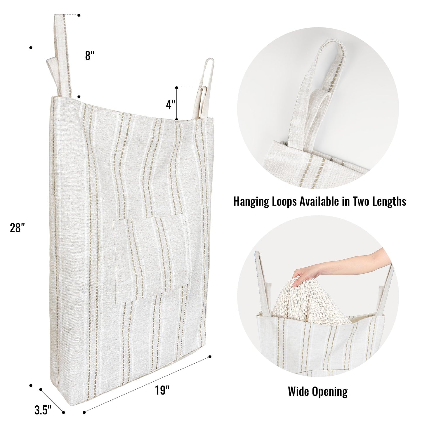 Farmhouse Hanging Laundry Hamper with 2 Hooks, Washable Beige & Stripes Laundry Bag with Zipper & Wide Open Top, Over the Door Organizer for Dirty Clothes, Space Saving Storage