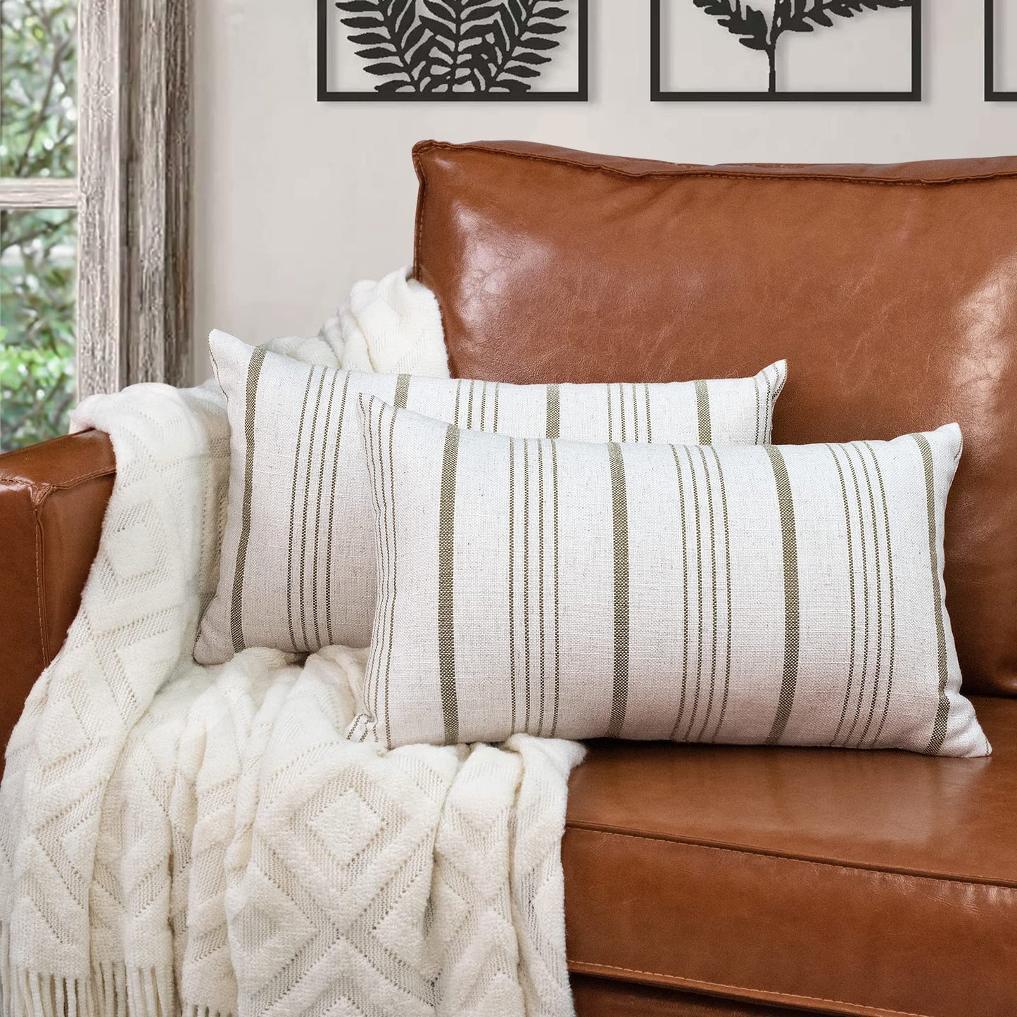AELS 12x20 Decorative Farmhouse Throw Lumbar Pillow Covers, Modern Rectangle Pillow Case Cover, Set of 2 Light Brown Stripes Textured Linen Cushion Cover for Sofa Couch Bedroom Living Room(Cover ONLY)